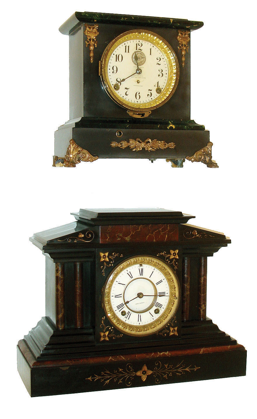 Clocks- 2 (Two) Seth Thomas shelf clocks:  (1) Unidentified 8 days, time and strike, mantel clock in an enameled iron case with a porcelain dial, c1902.  (2) "Advance" Automatic 8 days, time and strike, with separate Long Alarm movement in a black adamantine case with green marbleized top and base moldings, c. 1909, — Antique Clocks Price Guide