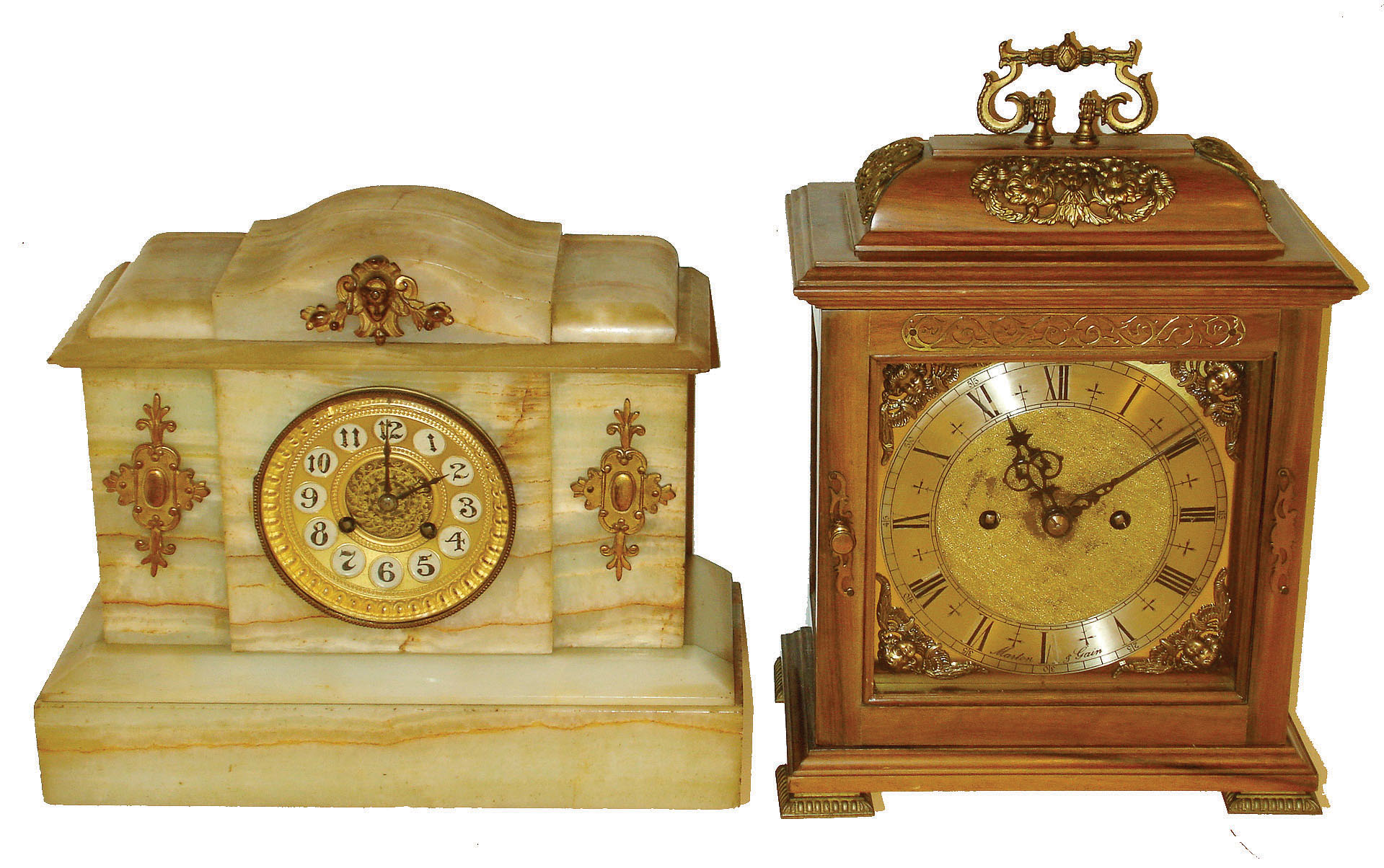 Clocks- 2 (Two) 8 days, time and strike, mantel clocks: French alabaster, c1890; Marton &amp; Gain,, Spain, stained hardwood double-fusee bracket, c1960 — Antique Clocks Price Guide