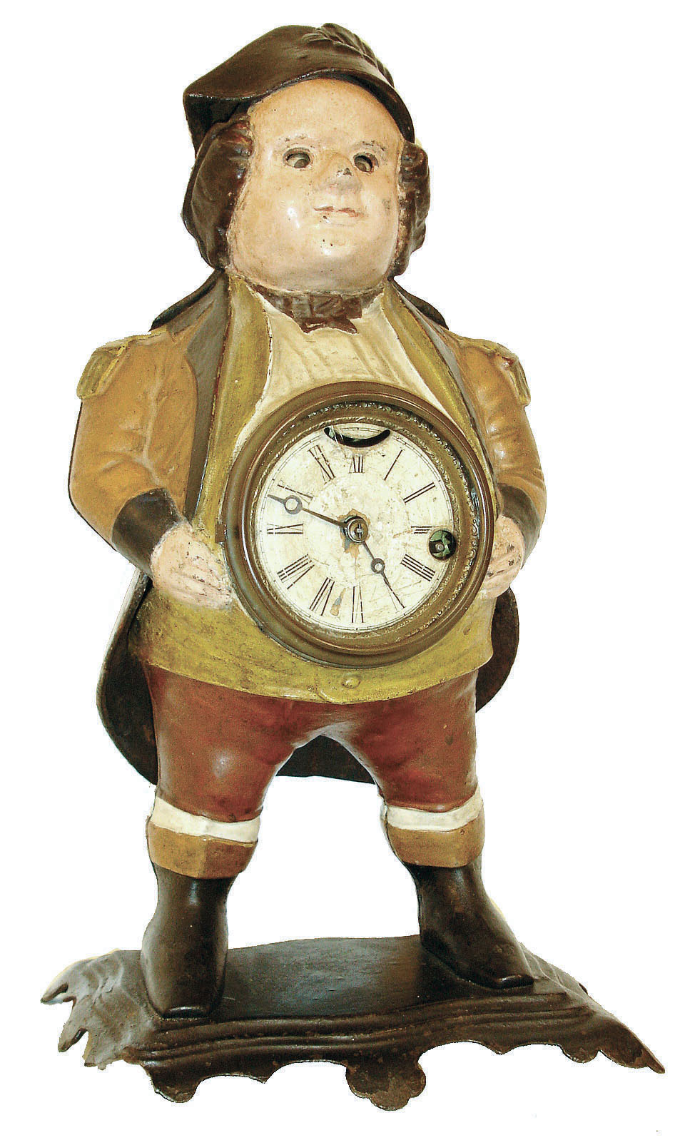 Bradley &amp; Hubbard blinking eye clock, unidentified model, similar to the Continental, the rotund male figure in colorful, formal dress, and with the timepiece mounted in his belly, Roman numeral paper dial, moon hands, c1860 — Antique Clocks Price Guide