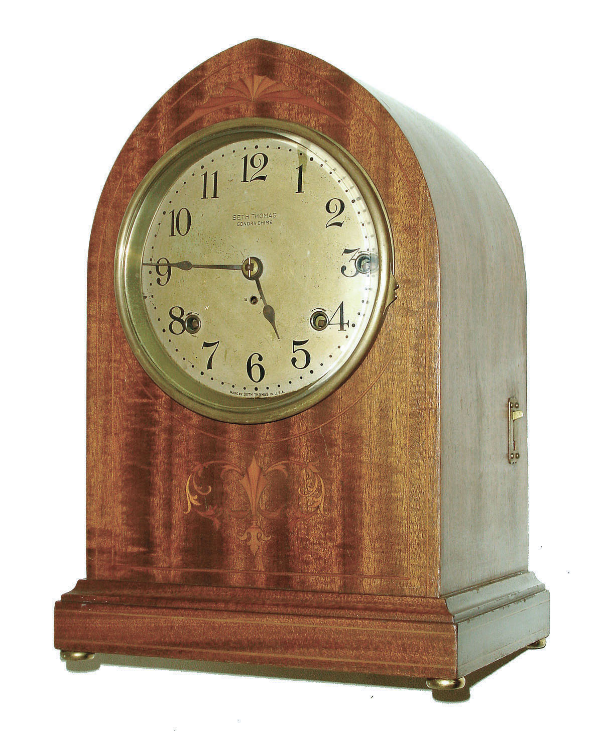 Seth Thomas Clock Co., Thomaston, Conn., "Chime Clock No. 64", 8 days, time &amp; 5 bell Sonora chime in inlaid mahogany case, c1914 — Antique Clocks Price Guide