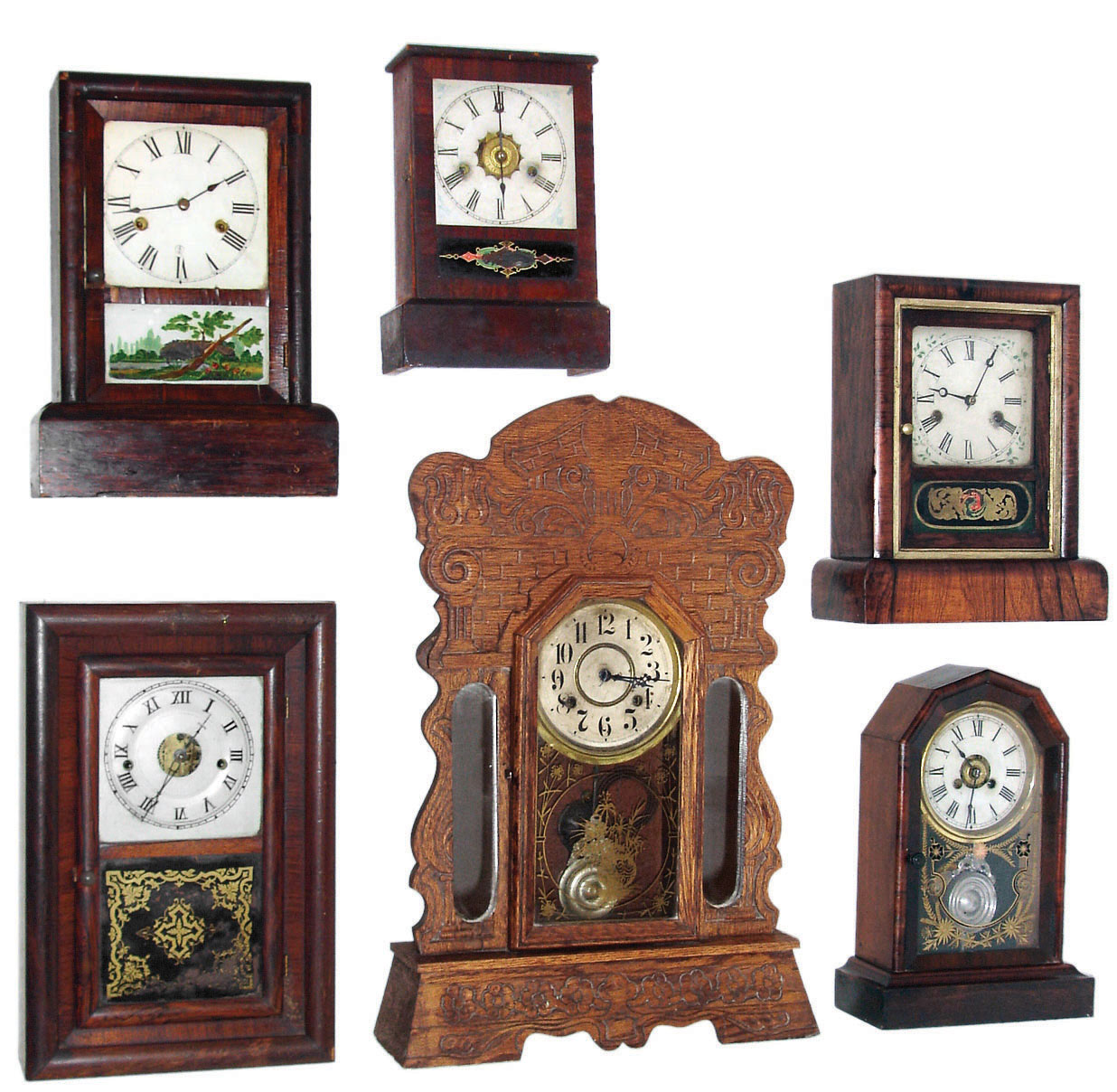 Clocks- 7 (Seven) American: (1) New Haven Clock Co., New Haven, "Mirror" model 8 days, time and strike, oak "gingerbread" shelf clock with inset mirrors, c. 1913. (2) New Haven Clock Co. "Small Octagon Prize Extra" 30 hour time &amp; alarm octagon top cottage clock. (3) Gilbert Mfg. Co., Winsted, Conn., 30 hours, time and strike,, cottage clock, c. 1866. (4) Unknown maker 30 hour time &amp; alarm cottage clock. (5) Seth Thomas, "Round Band" 30 hours, time and strike, shelf clock, c. 1870. (6) Seth Thomas, Thomaston, 30 hours, time and strike,, cottage, c. 1890. (7) Ithaca Calendar Clock Co., Ithaca, N.Y. "Farmer" double dial perpetual calendar shelf clock, c1875 — Antique Clocks Price Guide