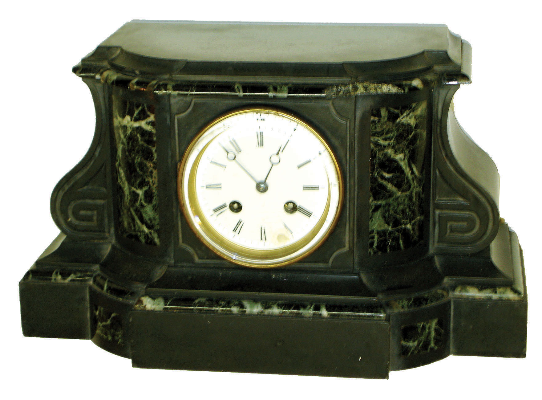 French. Japy Freres, 8 days, time and strike, black slate mantel clock with veined marble accents, c1890 — Antique Clocks Price Guide
