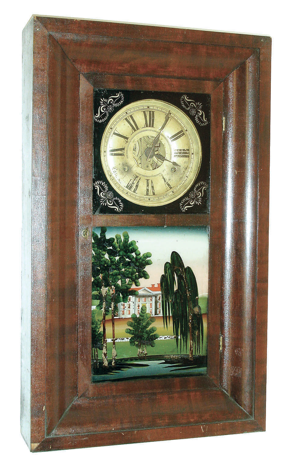 Jeromes &amp; Co., Bristol, Conn., 30 hours, time and strike,, weight driven brass movement early OG shelf Clock with brass dial, c1840 — Antique Clocks Price Guide