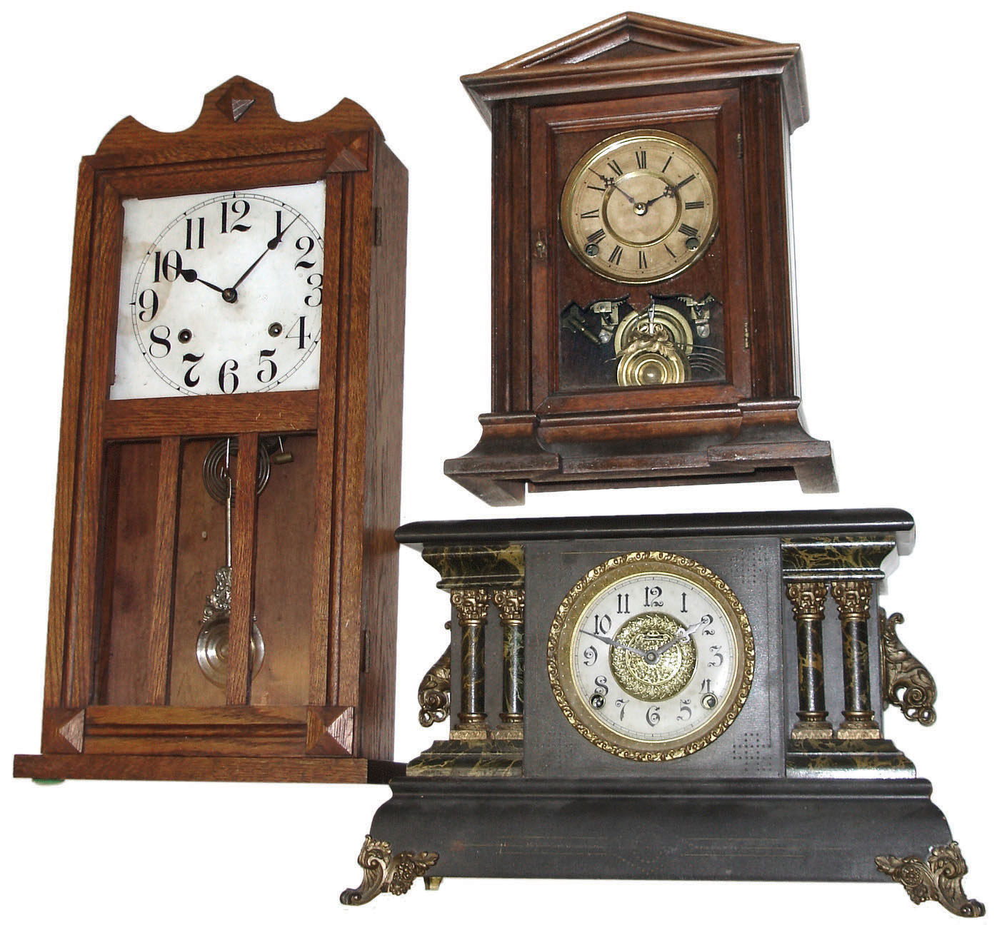 Clocks- 3 (Three): 8 days, time and strike, Connecticut clocks: Sessions oak box regulator; Ingraham black mantle and Ingraham walnut portico-roof shelf; early 20th century — Antique Clocks Price Guide