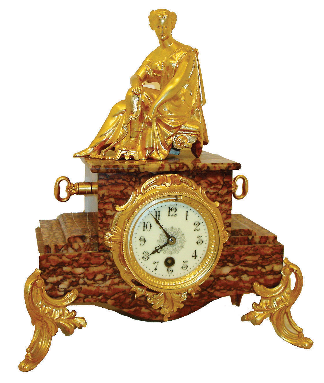 France, 8 days, time only, red and gray marble mantel timepiece with a seated muse and gilt accents with creamy porcelain dial, c1900 — Antique Clocks Price Guide