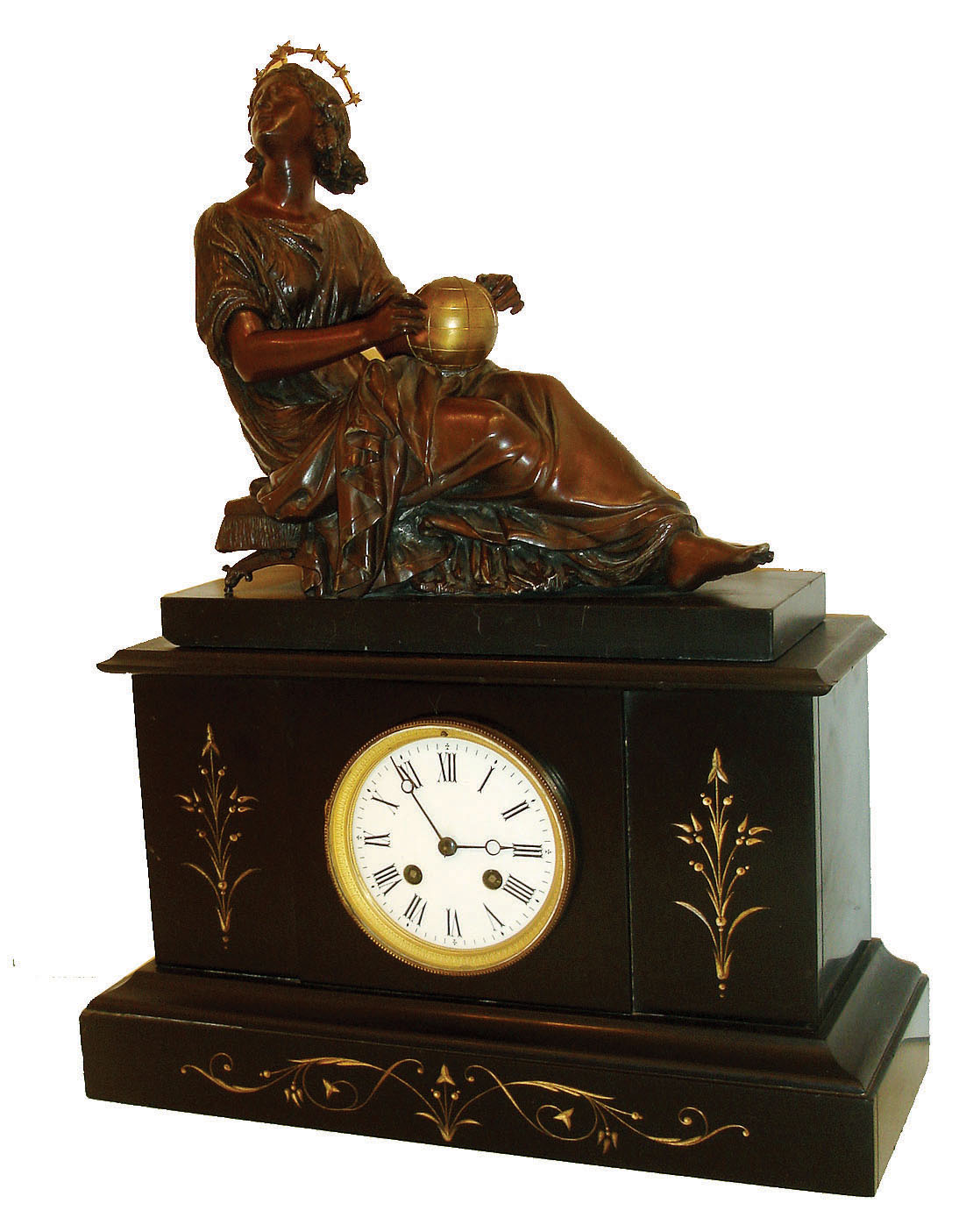 France, black slate mantel clock, surmounted with a spelter statue of Aurora on base, c1900 — Antique Clocks Price Guide
