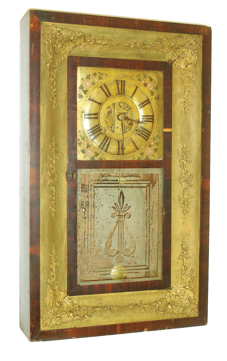 Atkins &amp; Porter, Bristol, Conn., 30 hours, weight driven OG with brass dial and gold gesso front, c1845 — Antique Clocks Price Guide
