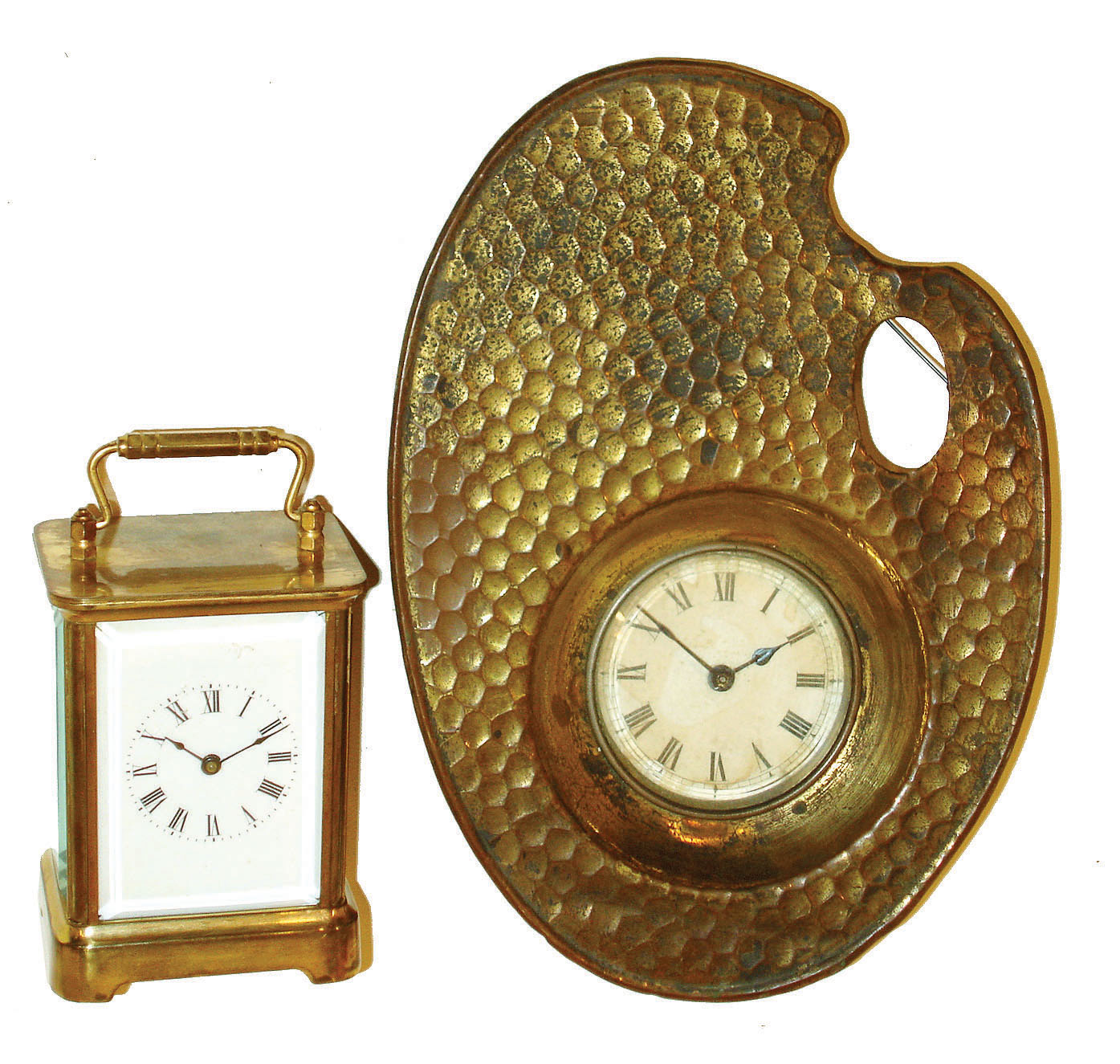 Clocks- 2 (Two) time only: Waterbury "Sage" 8 day brass and glass carriage clock; E.N. Welch brass artists' pallet 30 hour novelty, c1906 — Antique Clocks Price Guide