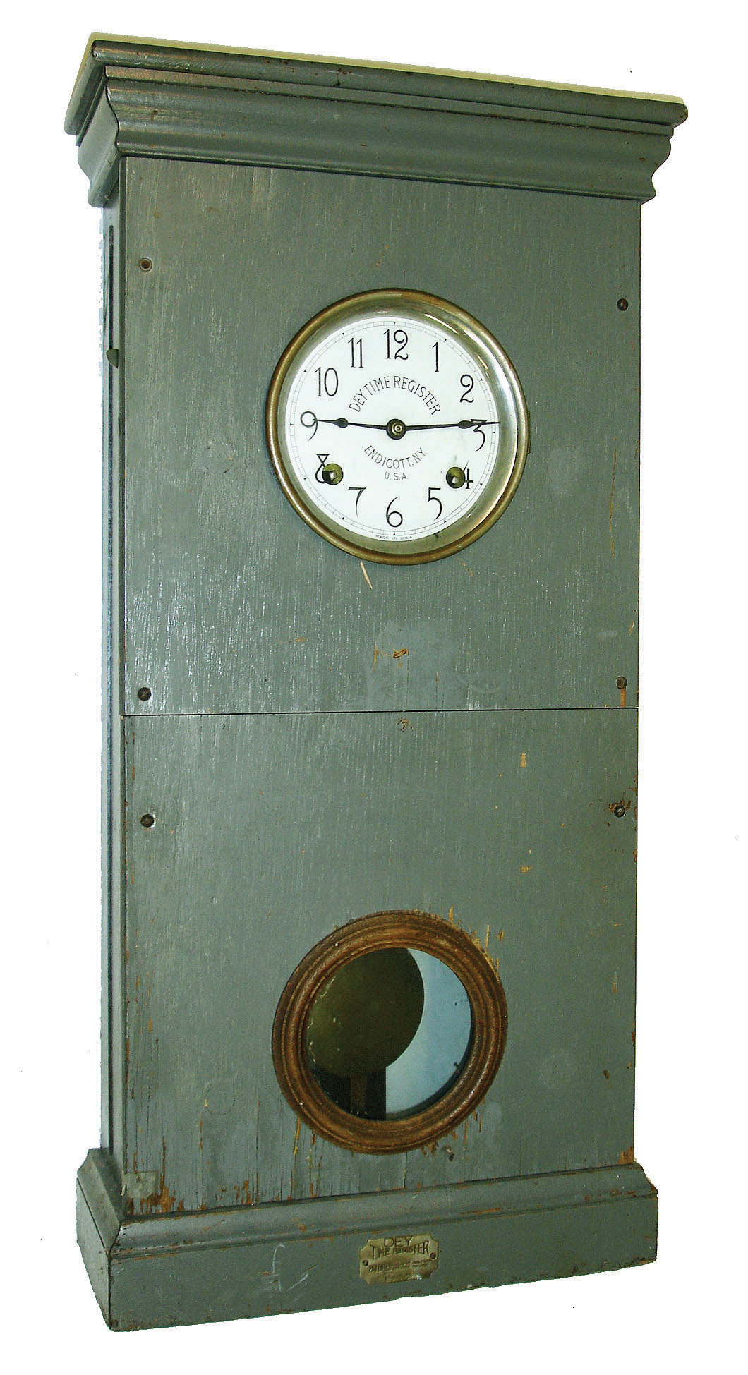 Dey Time Register, Endicott, N.Y., time recorder, 8 day twin-spring time only, Seth Thomas oversize movement, no recording mechanism, in oak case, now painted, c1910 — Antique Clocks Price Guide