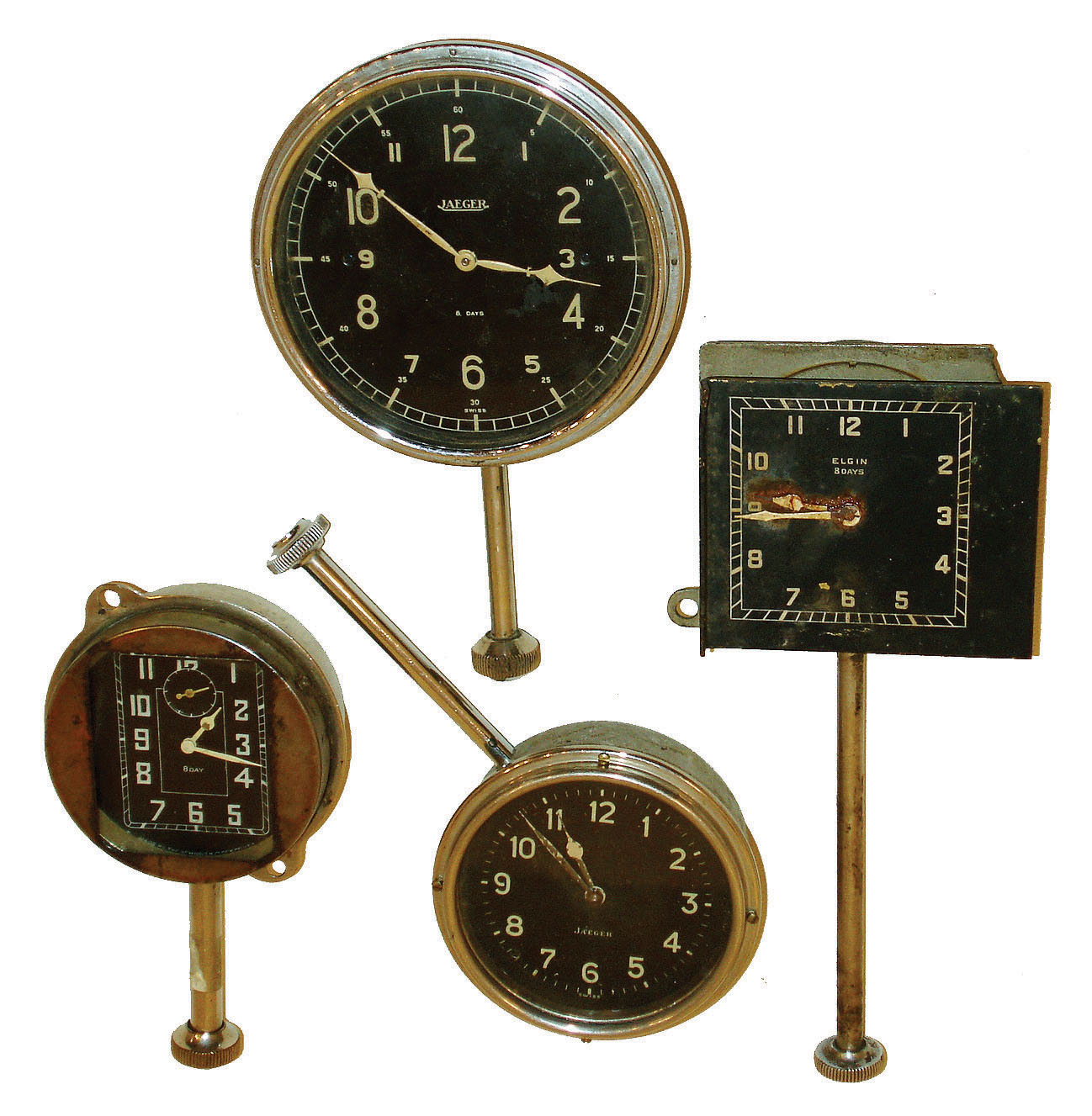 Clocks- 4 (Four) 8 day black dial car clocks by Jaeger (2), Elgin and New Haven — Antique Clocks Price Guide