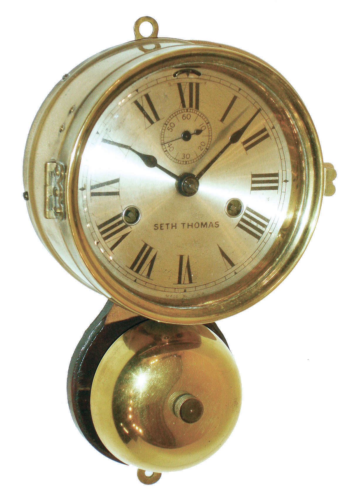 Seth Thomas Clock Co., Thomaston, Conn., 2-day time &amp; ship's-striking marine clock with outside bell and hinged formed brass case and bezel, c1915 — Antique Clocks Price Guide