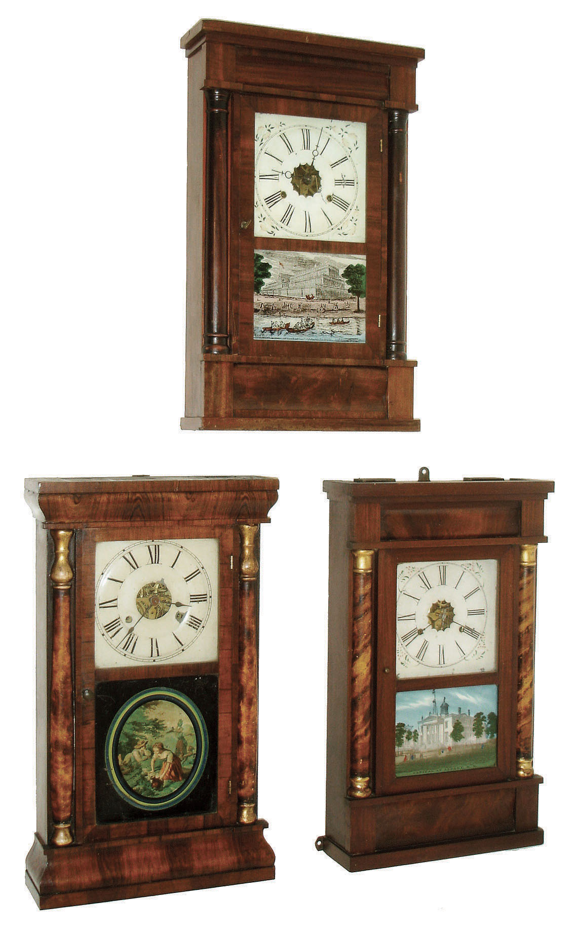 Clocks- 3 (Three); E. N. Welch Mfg. Co., Forestville, 30 hours, time and strike, weight brass movement column Empire shelf clock. c.1870; E, N. Welch Mfg., "Column" with 30 hour weight driven time and strike, brass movement in a mahogany veneered case with faux painted columns with gilt caps and bases. c 1865; Seth Thomas, Thomaston, Conn., 30 hours, time and strike, "Column" weight brass movement Empire shelf clock. c.1870 — Antique Clocks Price Guide
