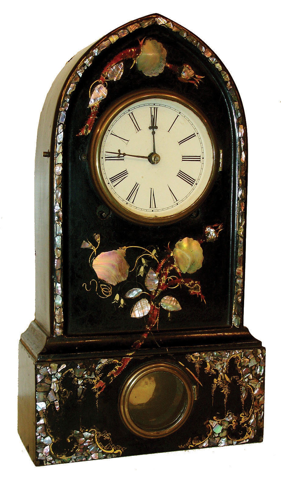 Terry &amp; Andrews, Bristol, Conn., 8 days, time and strike, cast iron case with Mother-of-Peal inlay, c1850 — Antique Clocks Price Guide