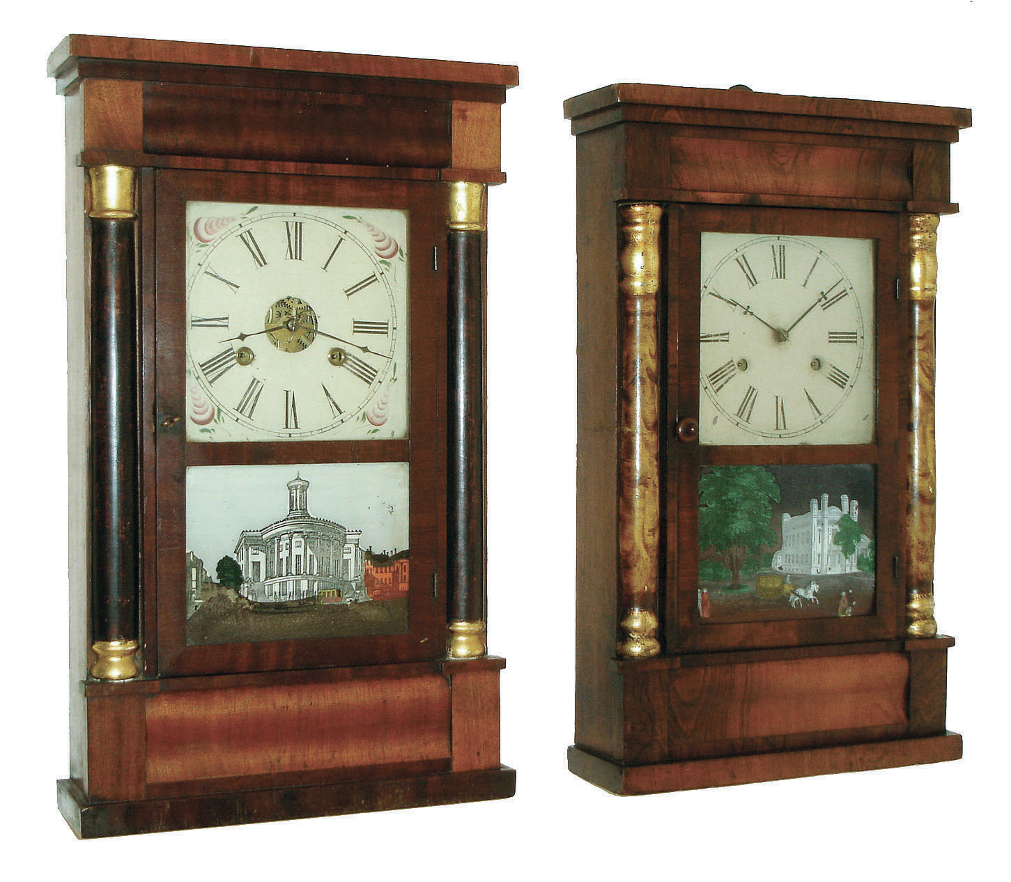Clocks- 2 (Two): Chauncey Jerome, New Haven, Conn."Column Clock" with 30 hour weight driven time and strike, movement in a mahogany veneered case with painted half columns with gilt caps and bases, c1850;  Jerome &amp; Co., New Haven, Conn., Column clock with 30 hour weight driven time and strike movement in a rosewood veneered case with faux decorated columns and gilt caps and bases, c1855 — Antique Clocks Price Guide
