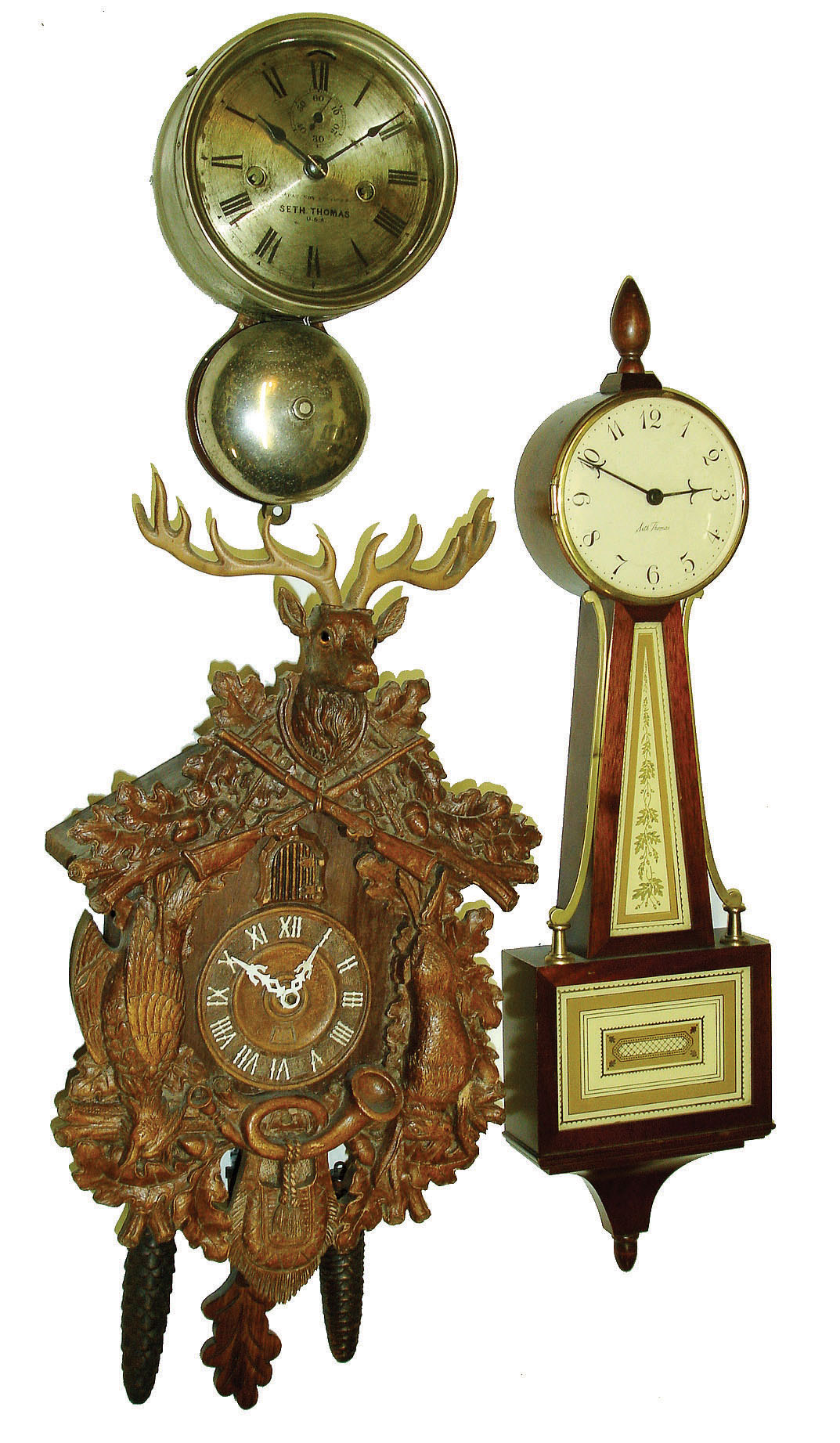 Clocks- 3 (Three): Seth Thomas nickel 30 hour outside-bell ship's clock, 1879 patent date on dial; Seth Thomas small mahogany rear-wind time only, banjo dated 1958; Lux Mfg. Co., Waterbury, Conn., 30 hour cuckoo clock with composite front, — Antique Clocks Price Guide