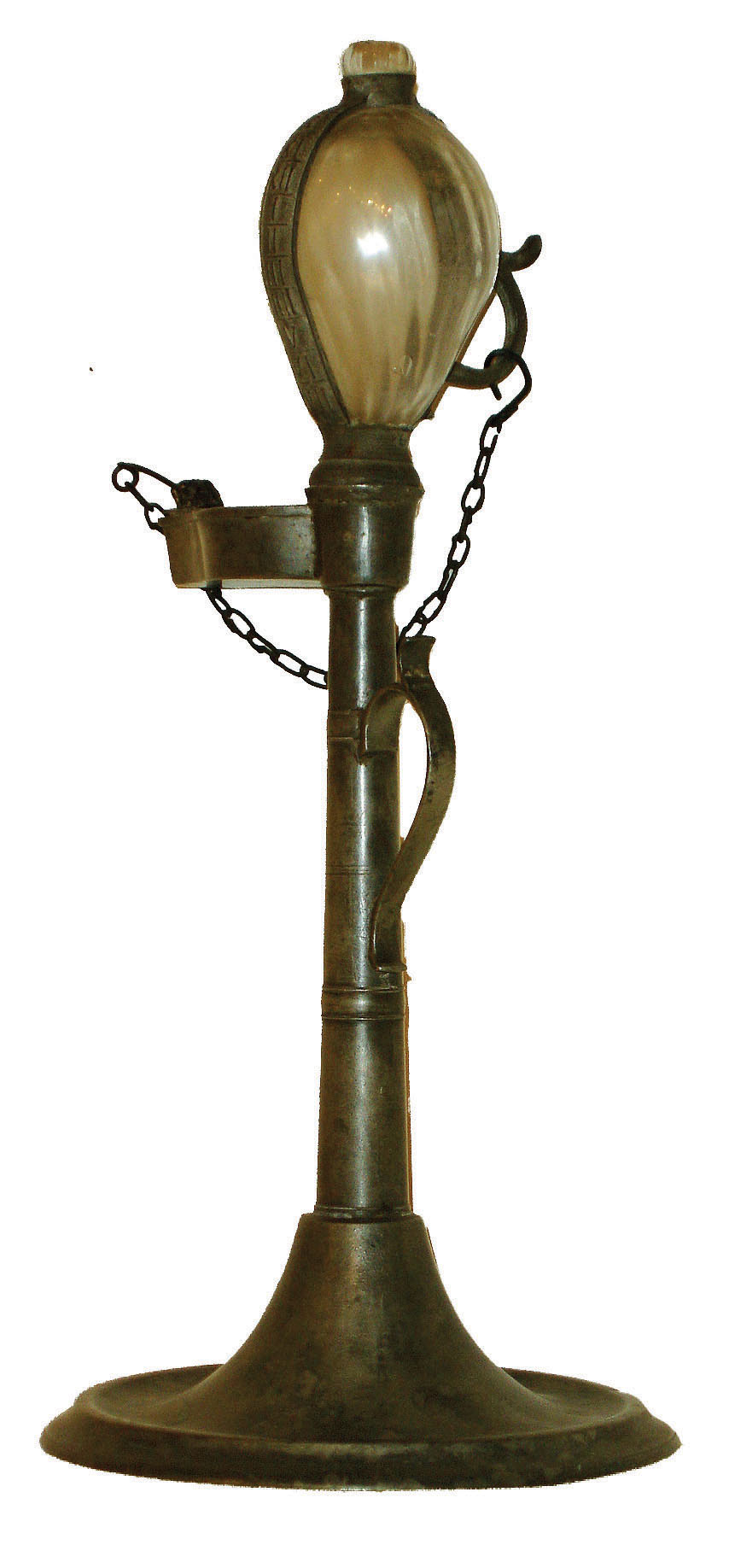 Oil lamp clock, pewter and blown glass, 19th century — Antique Clocks Price Guide