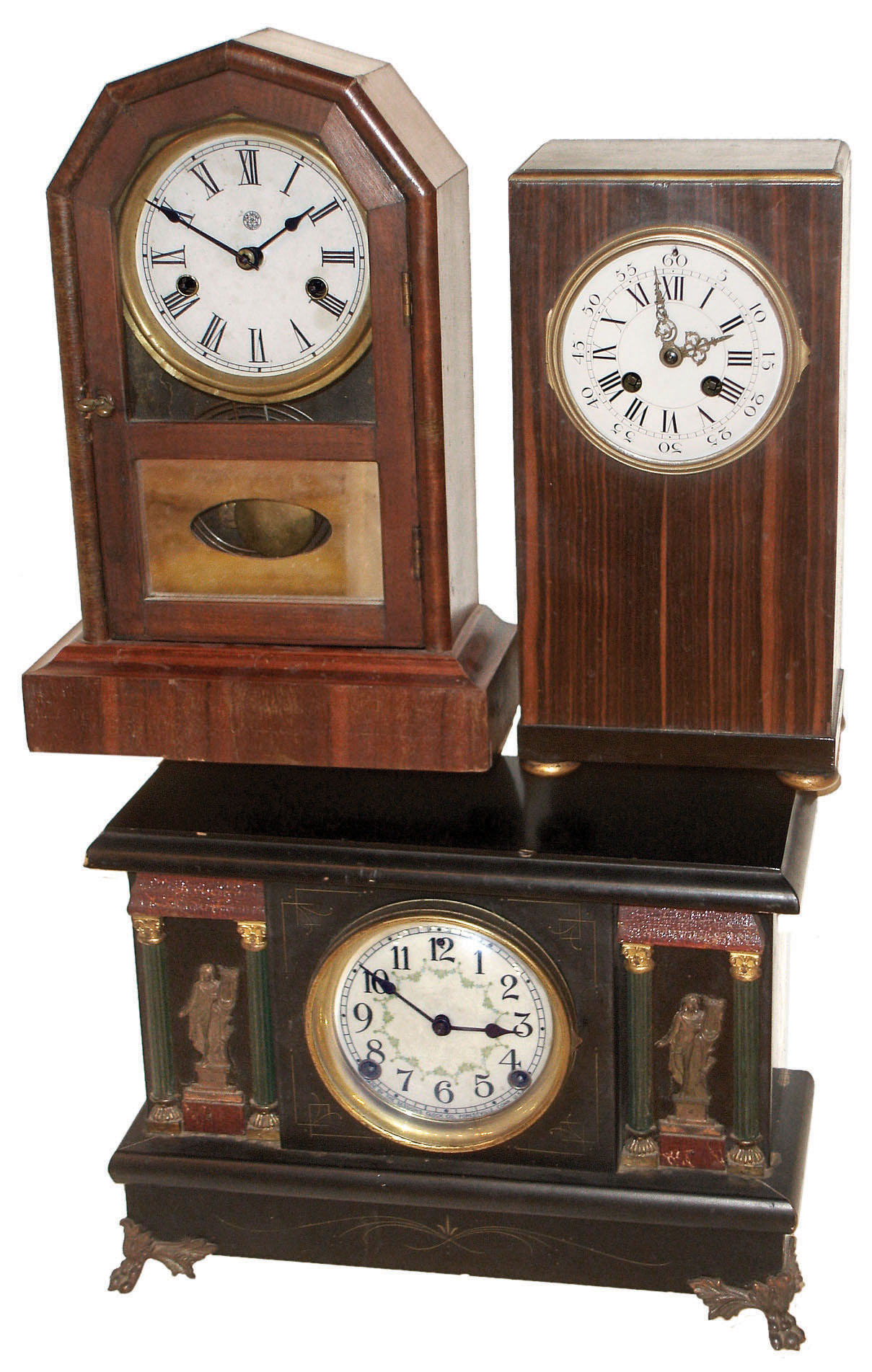 Clocks- 3 (Three) time and strike wood mantel clocks: French with 8 days, time and strike, with Marti stamped movement and rosewood case, c1900, Jerome &amp; Co., New Haven "Dreadnaught" 30 hours, time and strike,, shelf, c1880; Sessions Clock Co. 8day time and strike, "No.570" black enameled mantel clock, c1910. — Antique Clocks Price Guide