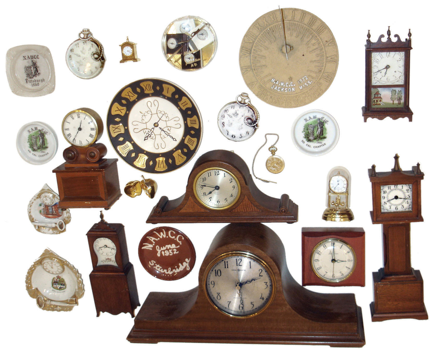 Clocks &amp; NAWCC Memorabilia: GE plug-in chiming tambour, Seth Thomas 4 jewel small tambour, 1972 sundial, Burroughs miniatures, 9 ashtrays, other small novelties, 20th century — Antique Clocks Price Guide