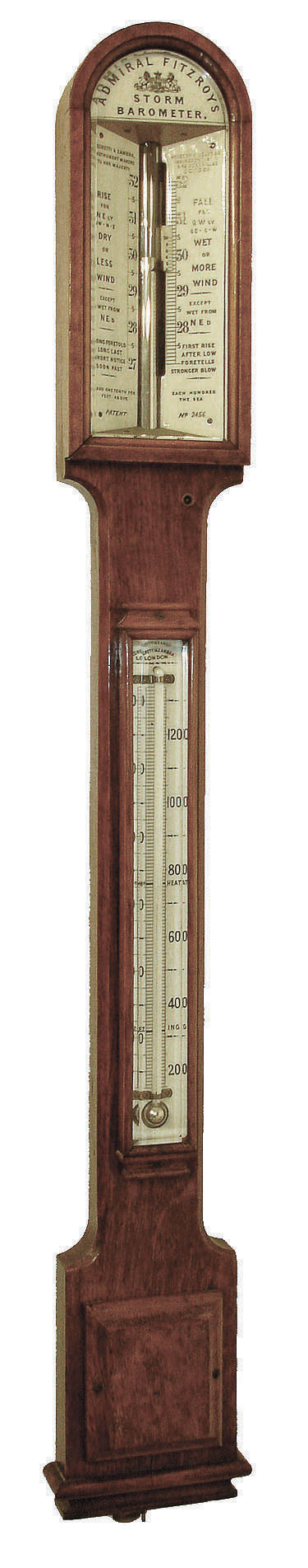 Negretti &amp; Zambra, London, Fitzroy barometer, oak case with dome top, white enamel barometer scales at top, behind bevelled glass, and with thermometer below, also with bevelled glass, the case back with instruction label, c1890 — Antique Clocks Price Guide