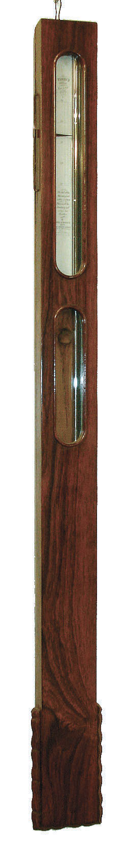 John Merrick &amp; Co., Worcester, Mass., Timby patent stick barometer, rosewood veneered case with ripple molding at base, silvered barometer scale with set hand, lower glass for thermometer, the back with a partial label, c1860 — Antique Clocks Price Guide