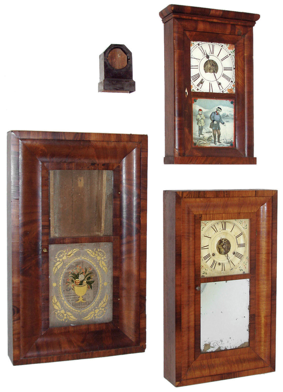 Clocks- 4 (Four): (1) E. C. Brewster, Bristol, Conn., 30 hours, time and strike, iron back plate spring movement shelf clock, c. 1835.  (2) Bradley &amp; Hubbard small empty iron case (only), c. 1865.  (3) Seth Thomas, Plymouth Hollow, Conn., 30-hour, time and strike OG shelf clock, c. 1860.  (4) Harrris &amp; Wilcox, Troy, NY, empty OG shelf clock case (only). — Antique Clocks Price Guide
