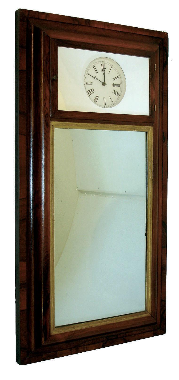 George Hills, Plainville, Conn., 30 hour (possibly 8-day), time and strike,, spring driven brass &amp; iron back plate lever movement in reverse OG mirror wall timepiece.  c.1850 — Antique Clocks Price Guide