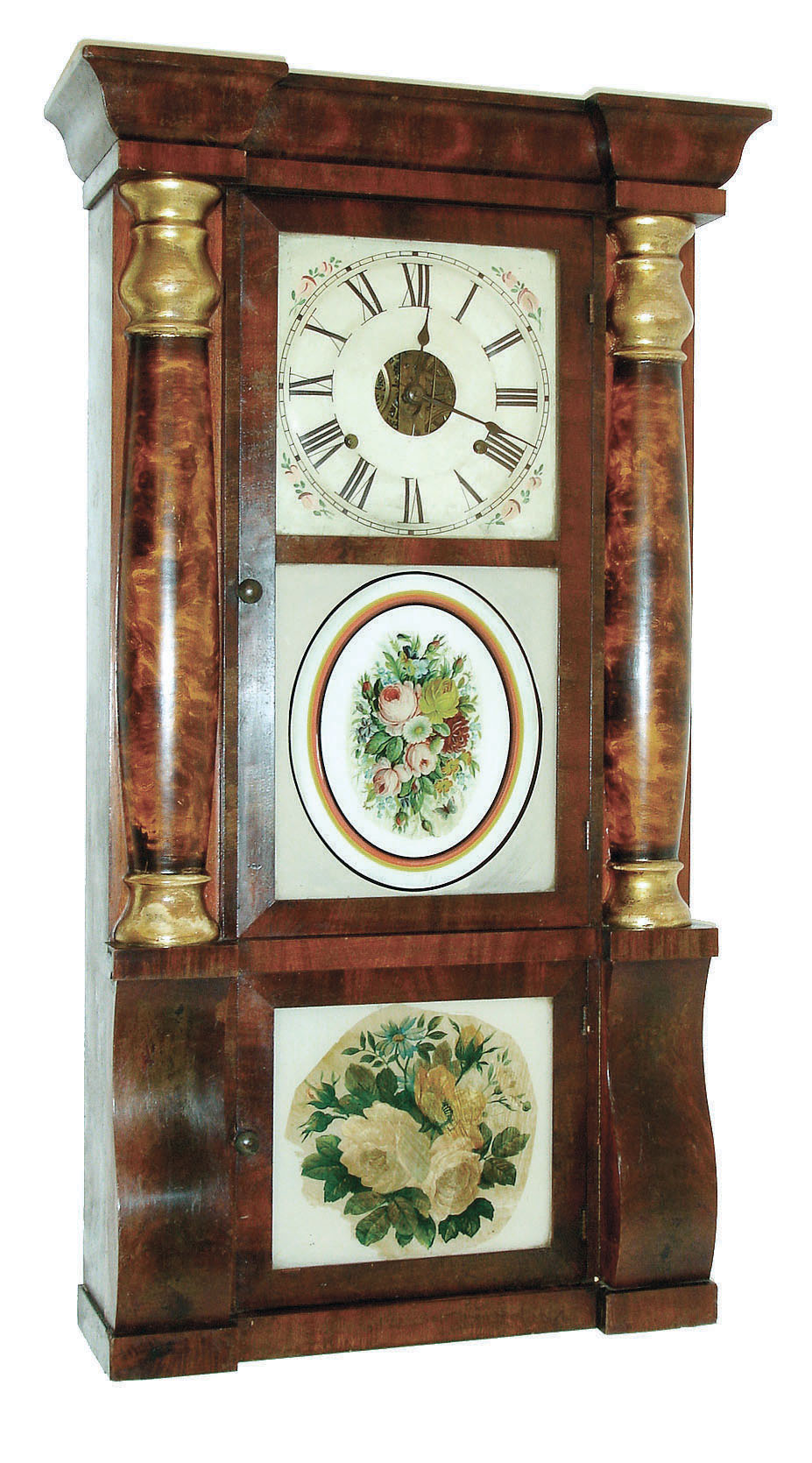 Seth Thomas Clock Co., Thomaston, Conn., "Shell Column" shelf clock with 8 day weight driven time and strike, movement in a mahogany veneered case with faux painted columns with gilt caps and bases, c1875, — Antique Clocks Price Guide