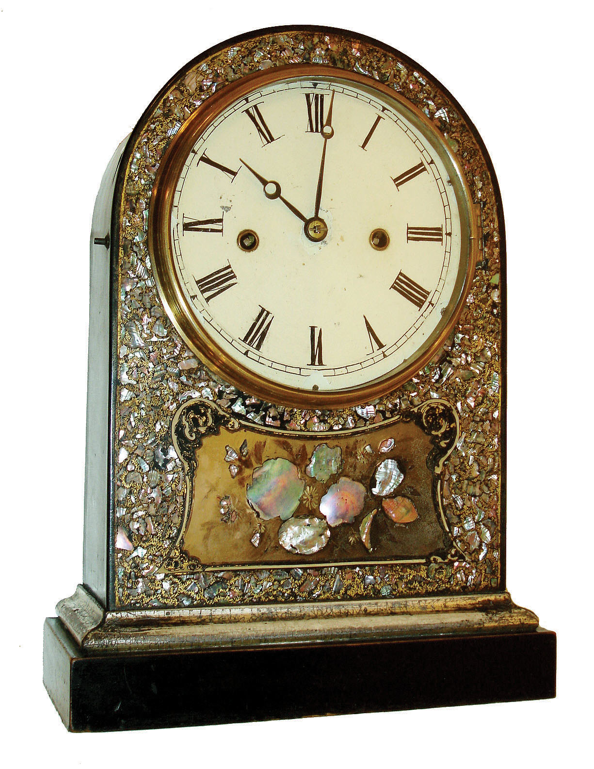 Chauncey Jerome, New Haven, Conn., 8 days, time and strike, fusee-spring brass movement in wood case with Mother-of-Pearl inlay, c1850 — Antique Clocks Price Guide
