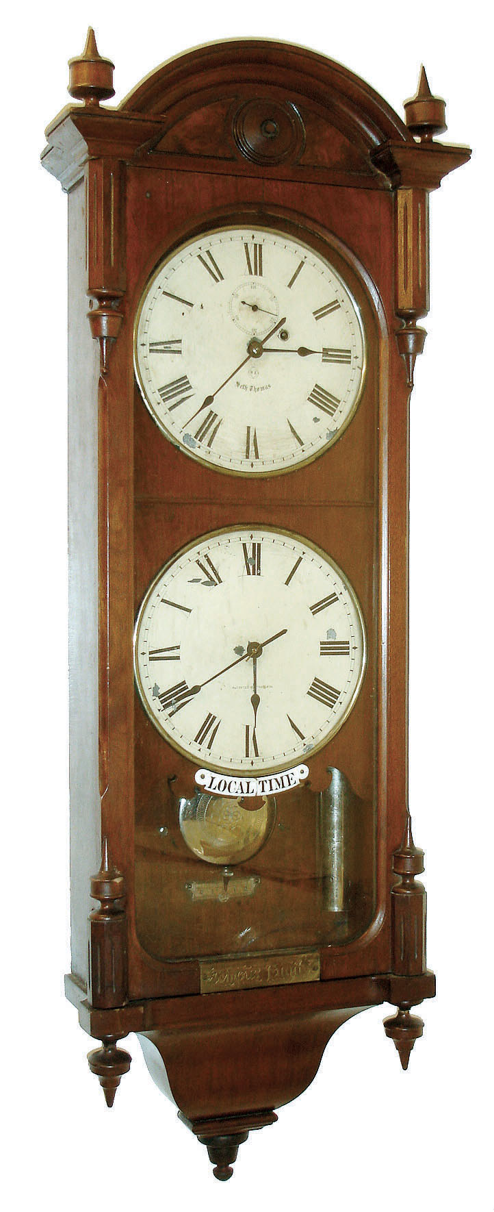 Seth Thomas Clock Co., Thomaston, Conn., "Regulator No. 6 Double Time" 8 day timepiece, weight driven with nickel plated bezels, weight and damascened pendulum bob, c1881. This clock is similar to the one pictured in Tran Ly's 3rd Edition on Seth Thomas Clocks, page 284, c1884, shown from the Wasserman collection. — Antique Clocks Price Guide