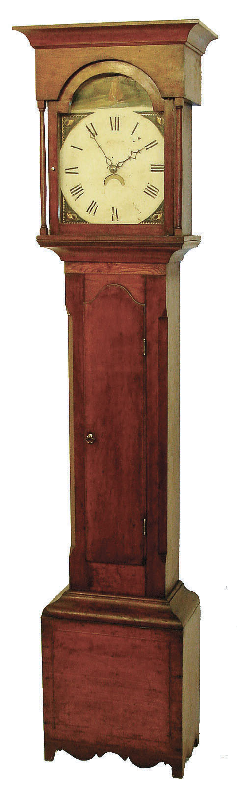 Pennsylvania tall clock, 30 hours, time and strike, single weight, pull-chain wind with English style brass count wheel strike movement in a flat top cherry case with string inlay, Hepplewhite bracket base. Painted iron dial with date calendar, c1820 — Antique Clocks Price Guide