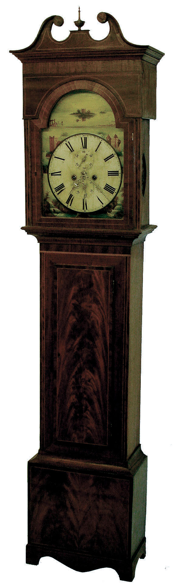 Scottish tall clock, 8 days, time and strike, weight driven, brass movement in a mahogany and mahogany veneer case with string and diamond inlay, crotch mahogany door and base and a painted iron dial and date calendar, c1840 — Antique Clocks Price Guide