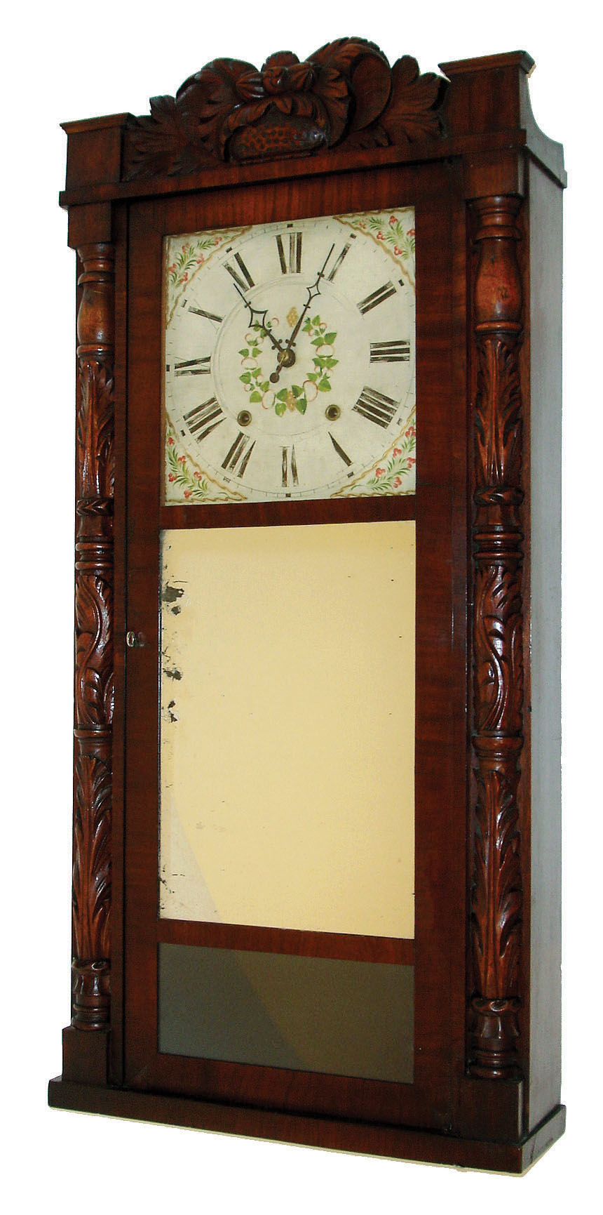 Elisha Hotchkiss, Burlington, Conn., 8 days, time and strike, weight driven wooden movement in mahogany and mahogany veneered carved column and splat case. c.1835. — Antique Clocks Price Guide