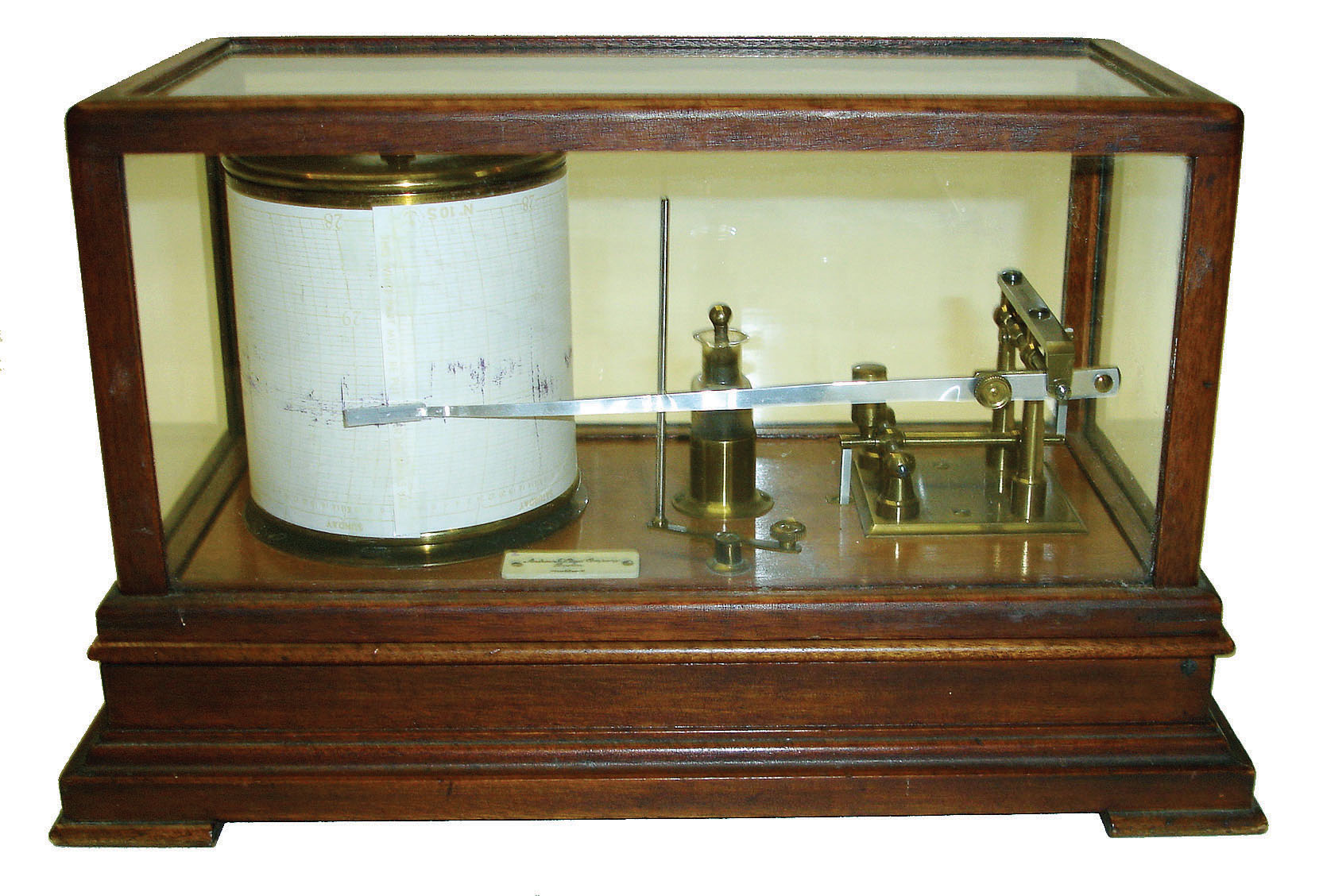 Barograph, London, England, for "Andrew J. Lloyd Co., Boston", mahogany and glass case, 8 day movement with cylinder escapement platform, c1910 — Antique Clocks Price Guide