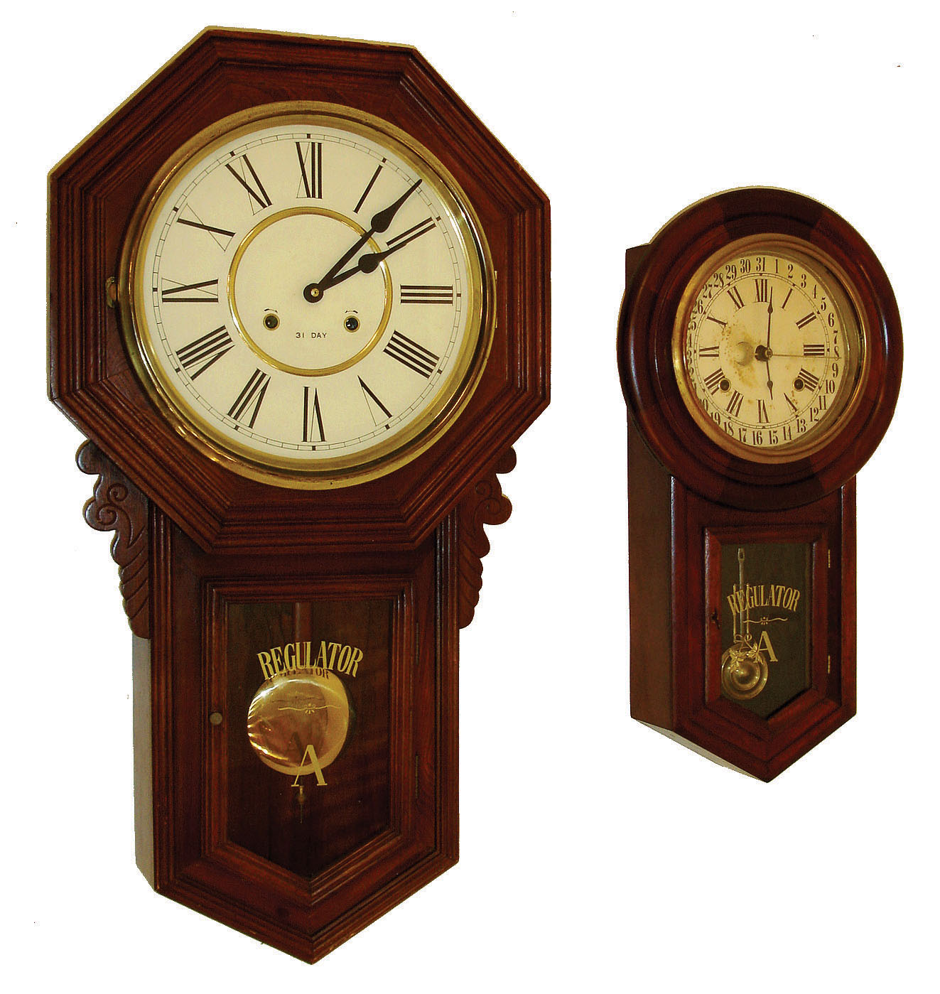 Clocks- 4 (Four): (1) Japanese, 8 days, time and strike, small schoolhouse calendar clock, c. 1910. (2) E. Ingraham &amp; Co., "Boston", 8 days, wall timepiece, c. 1920.  (3) Korean, 31 day, time and strike schoolhouse wall clock, c. 1970.  (4) Seth Thomas Clock Co., "Globe", 8 days, time and strike, wall clock, c. 1900. — Antique Clocks Price Guide