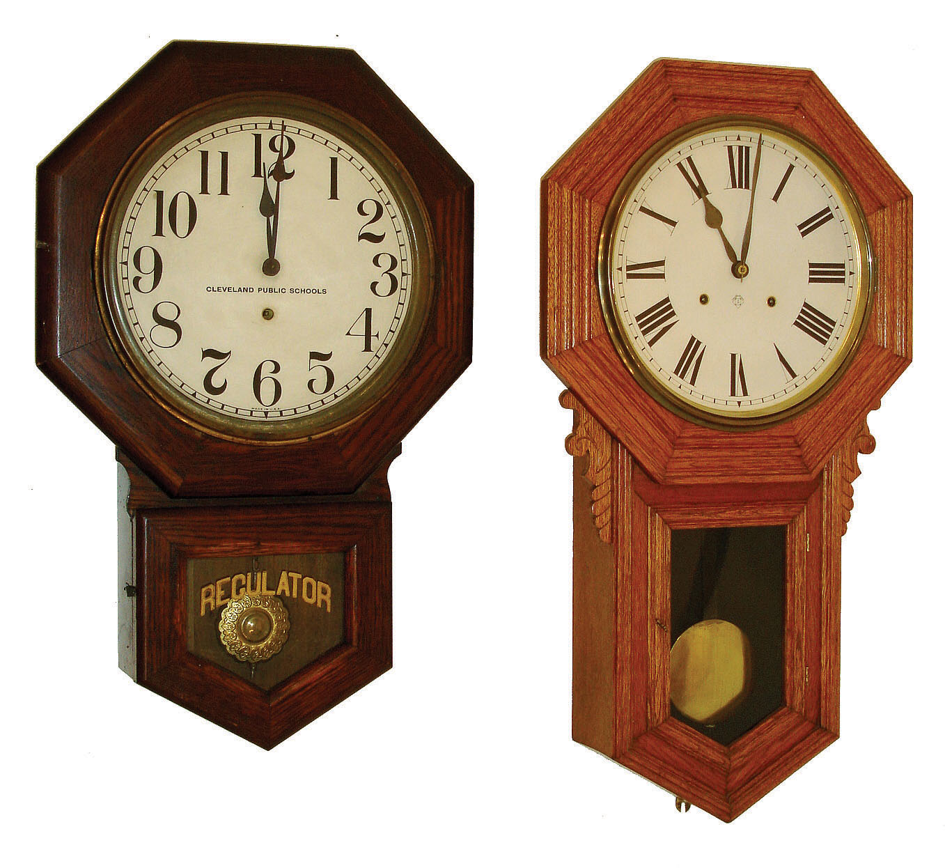 Clocks- 4 (Four): (1) Ansonia Clock Co., New York, "Regulator B", 8 days, time and strike, wall clock, c1900. (2) Sessions Clock Co., 8 days, schoolhouse wall timepiece. (3) Sessions Clock Co. 8 days, schoolhouse wall timepiece with "Cleveland Public Schools" on dial, c1910. (4) Ansonia Clock Co., New York, "Regulator A" 8 days, time and strike, wall clock, c1900. — Antique Clocks Price Guide