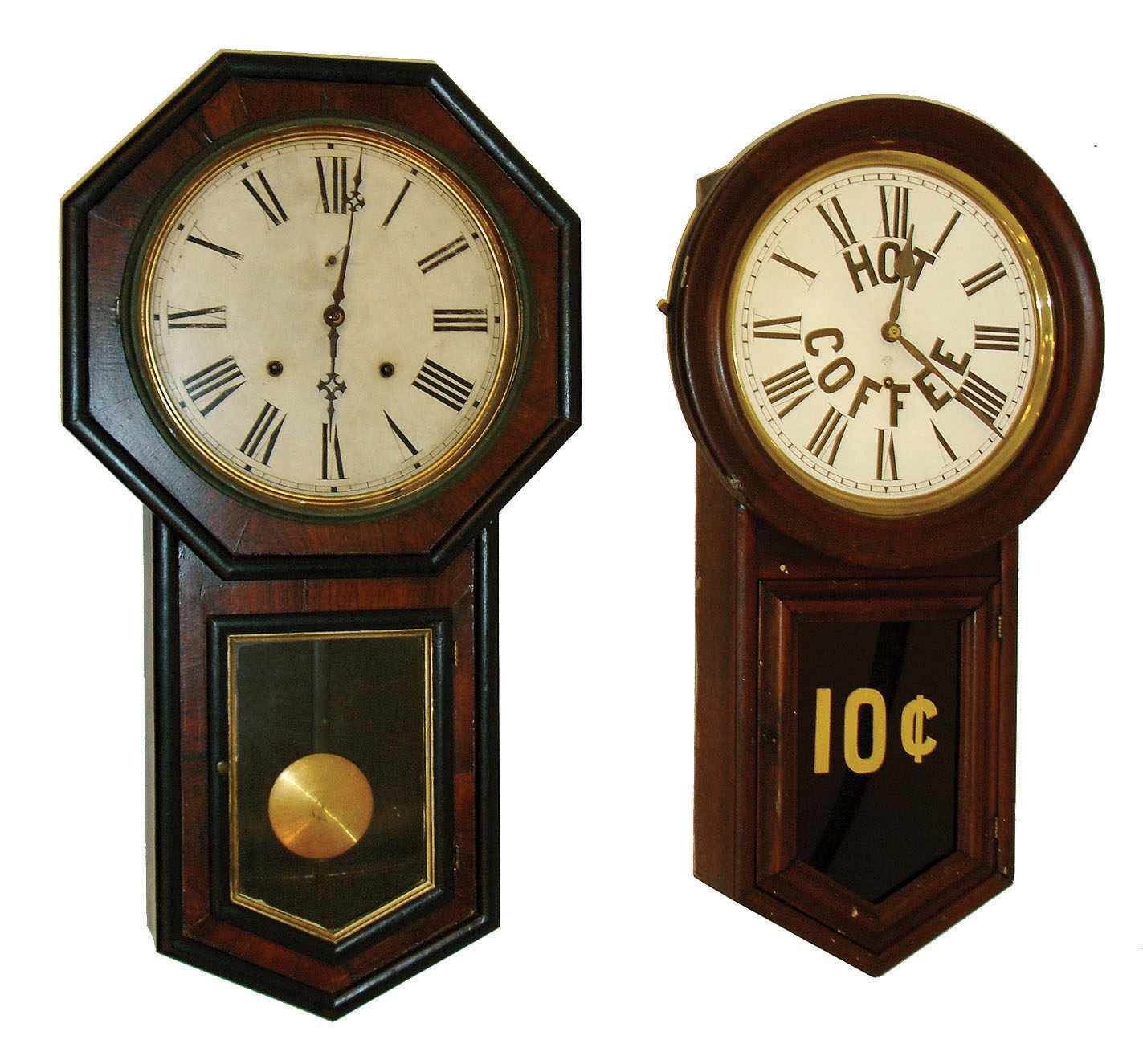 Clocks- 4 (Four) wall, 3 Connecticut and 1 Vienna: (1) Welch, Spring &amp; Co., Forestville, Conn "Verdi" model 8 days, time and strike, clock in rosewood veneer case, c1870.  (2) Ansonia Clock Co., New York, "Regulator A" model 8 day timepiece in a walnut case, c1900.  (3) Ansonia Clock Co, New York, 8 day advertising clock in darkly finished case, c1900.  (4) Period small Vienna Regulator case with modern spring driven 31 day time and strike movement. c 1890 (case only). — Antique Clocks Price Guide