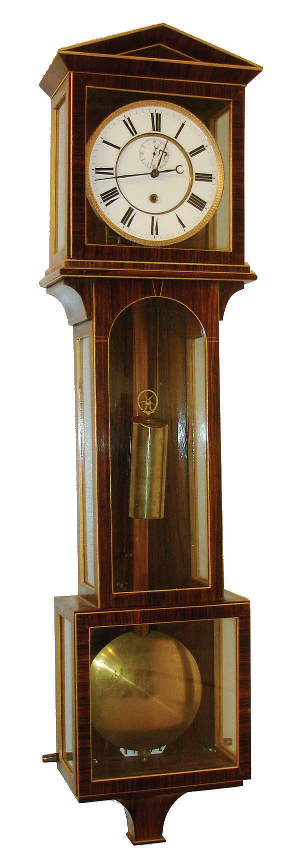 Reproduction "Laterndluhr", bench made Brazilian rosewood veneered case with light wood borders, Roman numeral white enamel dial, blued steel hands, brass 8 day timepiece movement, polished brass pendulum and weight, late 20th century — Antique Clocks Price Guide