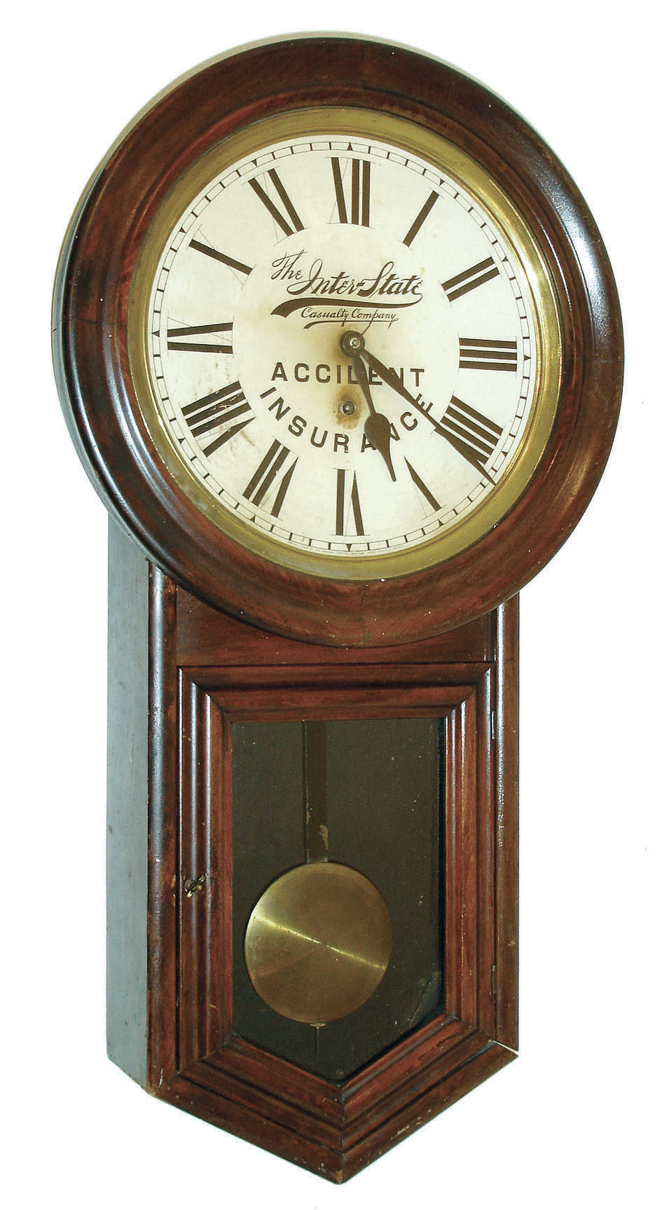 Ansonia Clock Co., New York, "Regulator C", 8 days, wall timepiece with an original advertising dial for "The Interstate Casualty Company", c1906 — Antique Clocks Price Guide