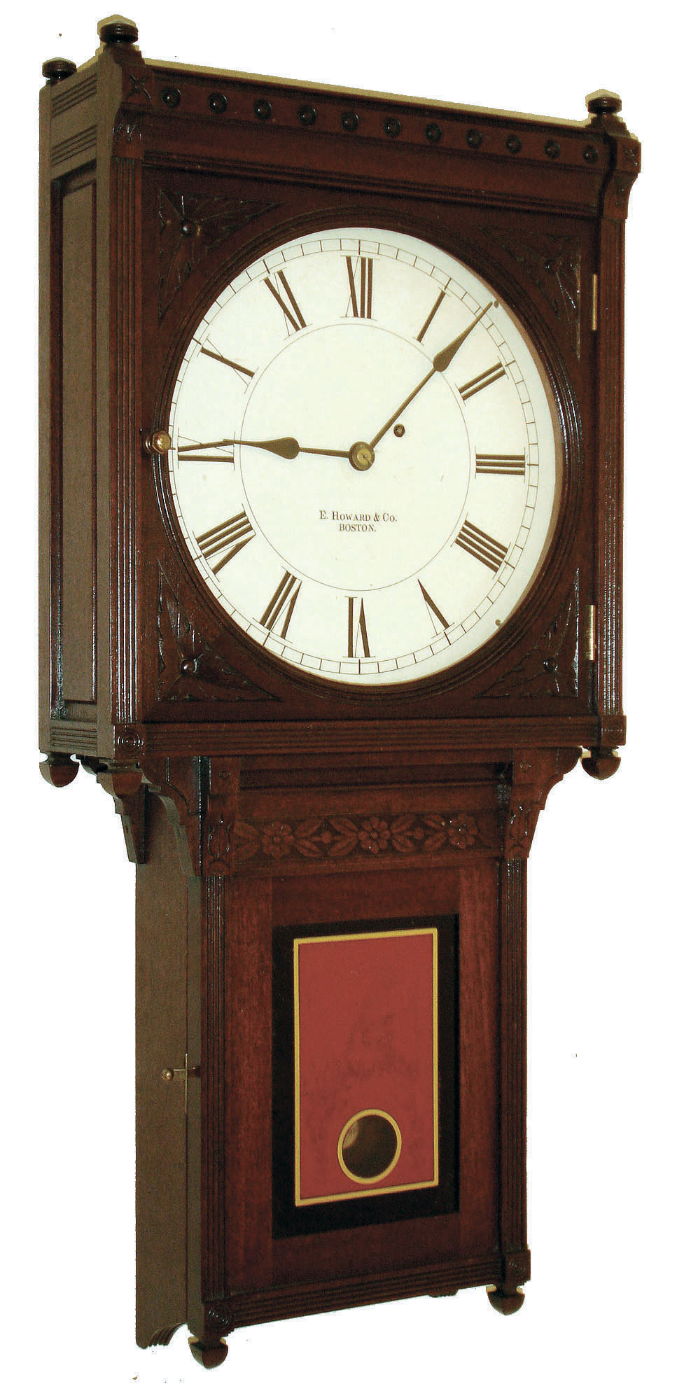 E. Howard &amp; Co., Boston, Mass., "No. 75 Regulator" wall clock, 8 days, time only, weight driven movement in a mahogany case with reverse painted tablet and painted metal dial, c1885 — Antique Clocks Price Guide