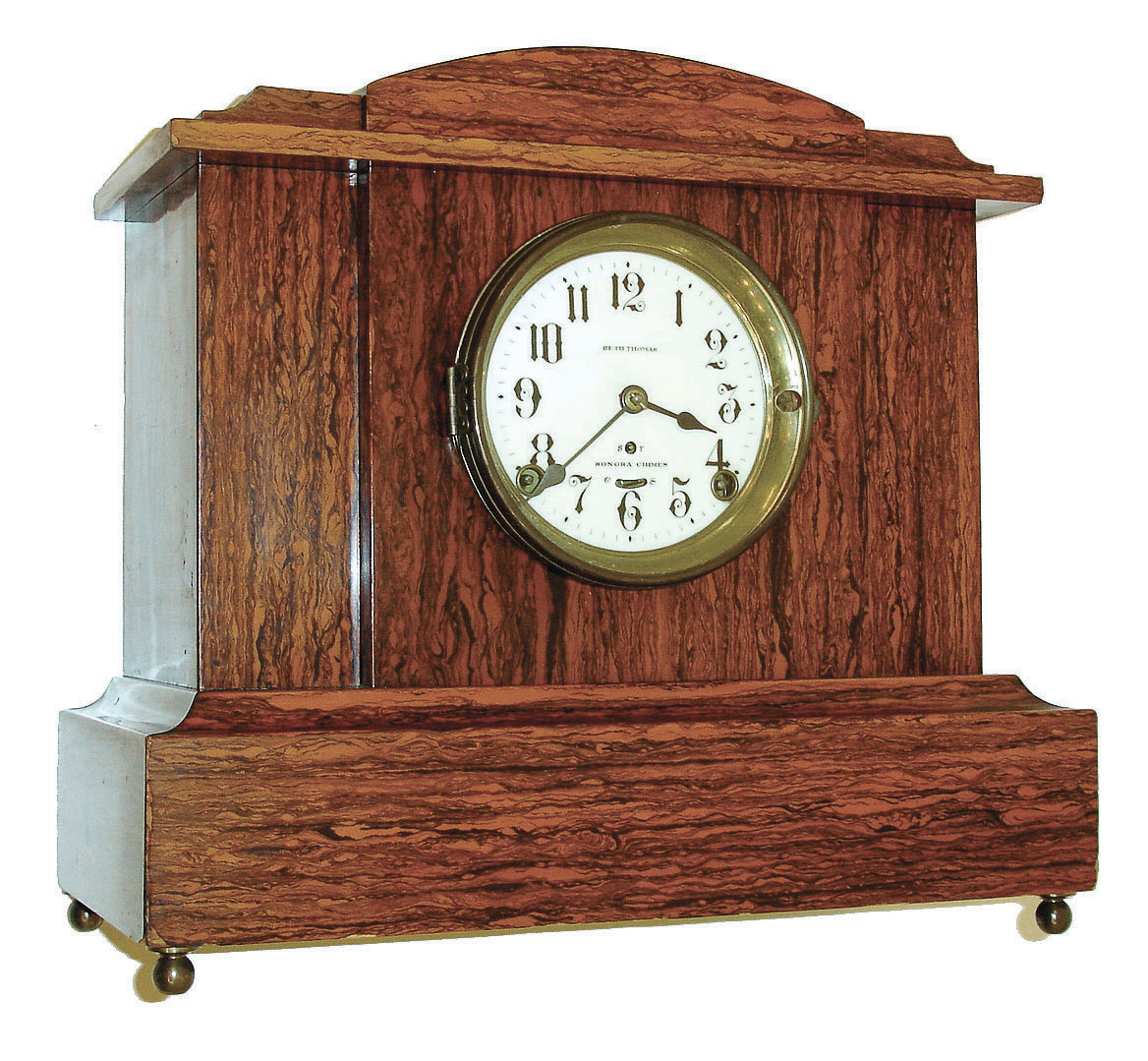 Seth Thomas Clock Co., Thomaston, Conn., "Chime Clock No. 1 Special", 8 days, time and 4-bell Sonora chime clock in red &amp; black Adamantine case, c1911 — Antique Clocks Price Guide