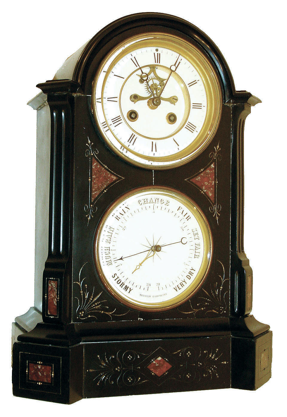 France, black slate mantel clock with barometer, case with projecting, molded base, and domed top, with griotte marble inlay and gilt, incised line decoration, Roman numeral white enamel dial with exposed Brocot escapement, blued steel Breguet hands, and white enamel barometer dial below, with pierced blued steel indicator and gilt set hand, 8 days, time and strike, pendule a Paris movement, c1880 — Antique Clocks Price Guide