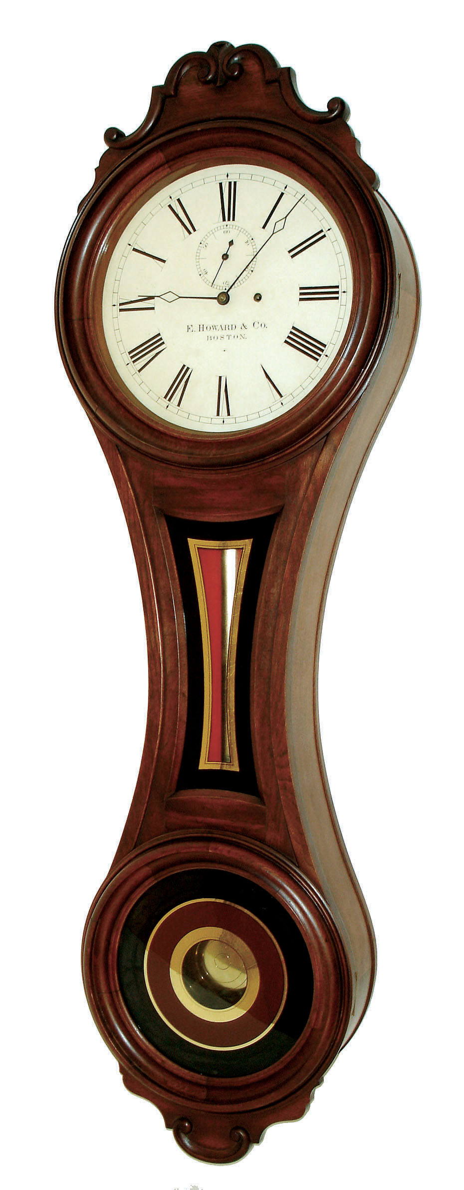 E. Howard &amp; Co., Boston, Mass., "No. 6 Regulator" figure eight wall clock, 8 days, time only, weight driven movement in a walnut case with reverse tablet tablets and painted metal dial, c1884 — Antique Clocks Price Guide