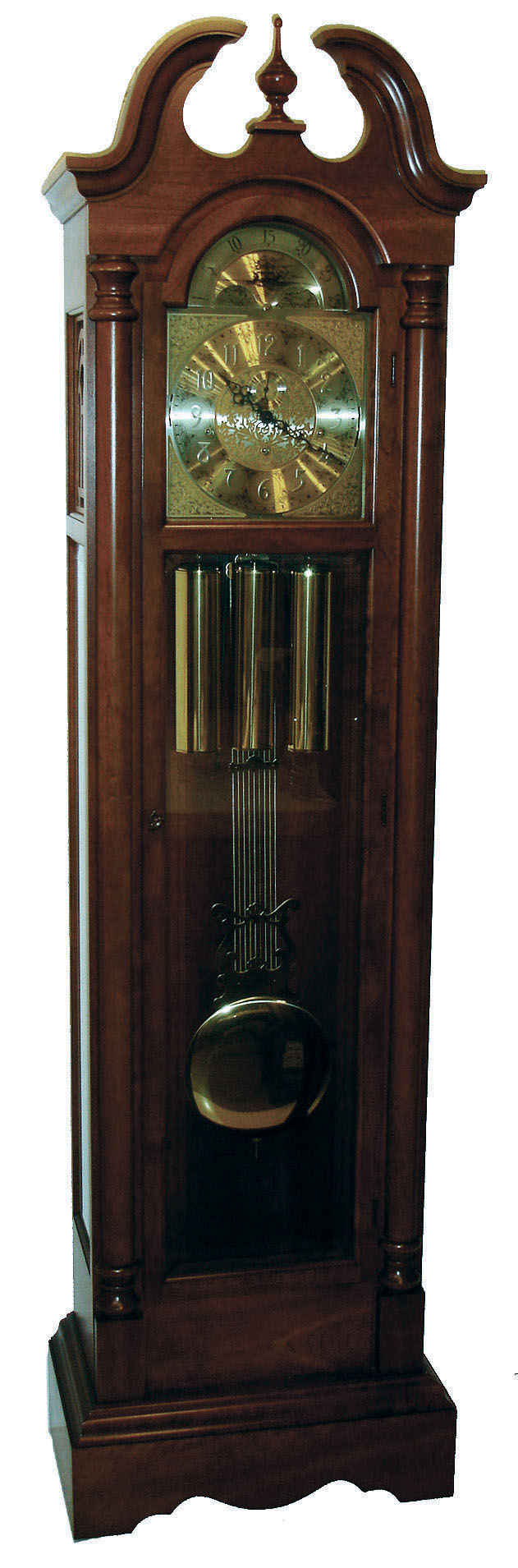Colonial Clock Co., Kentwood, MI, "Molyneux" walnut 8 day triple-chime moon-phase grandfather clock, Kieninger German works, late 20th century — Antique Clocks Price Guide