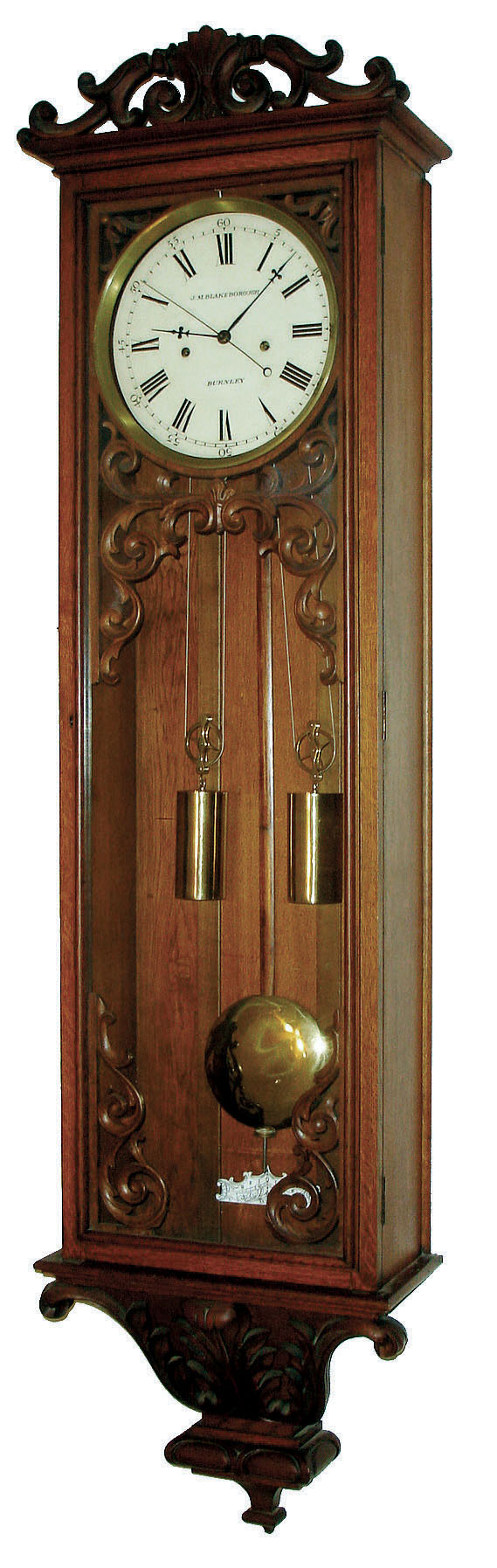 J.M. Blakeborough, Burnley, England, jeweler's regulator wall clock, 8 days, time and bell strike, two brass weight driven movement with center sweep seconds in a carved dark oak case, c1870 — Antique Clocks Price Guide