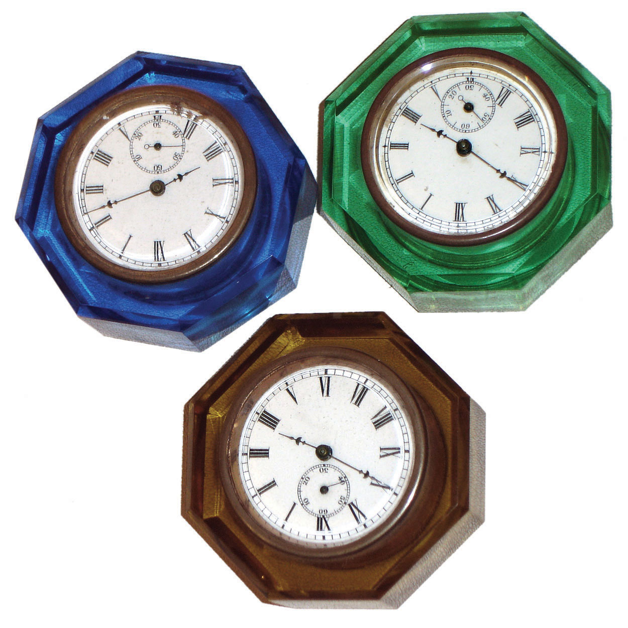 Clocks- 3 (Three) paper weight: E.N. Welch, Bristol, Conn., "Jewel" cut glass 30 hours, novelty clocks: two are time-only, one in Amber strikes, c1886 — Antique Clocks Price Guide