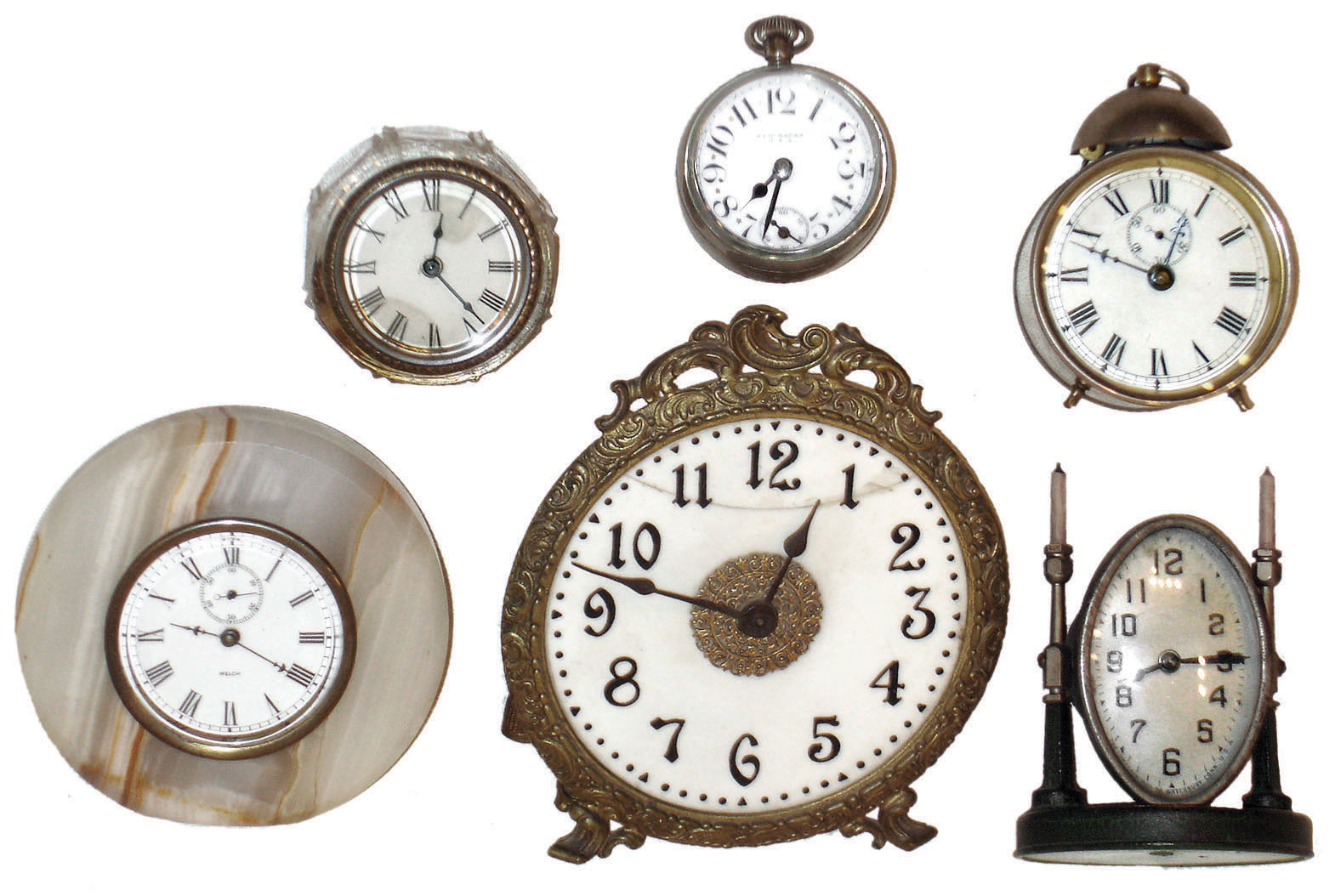 Clocks- 6 (Six) 30 hour in marble, glass and metal cases: New Haven paperweight; gaslight clock; Welch alabaster; Lux oval tilting; nickel alarm; Ansonia Novelty Co. cut glass; early 20th century — Antique Clocks Price Guide