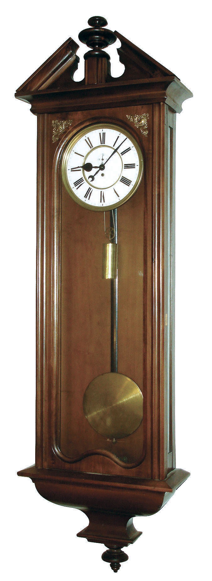 Resch Brothers, Ebensee, Austria, oversize Vienna Regulator, 8 days, time only, brass weight driven movement in a walnut veneer case with pediment top and white enamel two part dial with subsidiary seconds, c1880 — Antique Clocks Price Guide