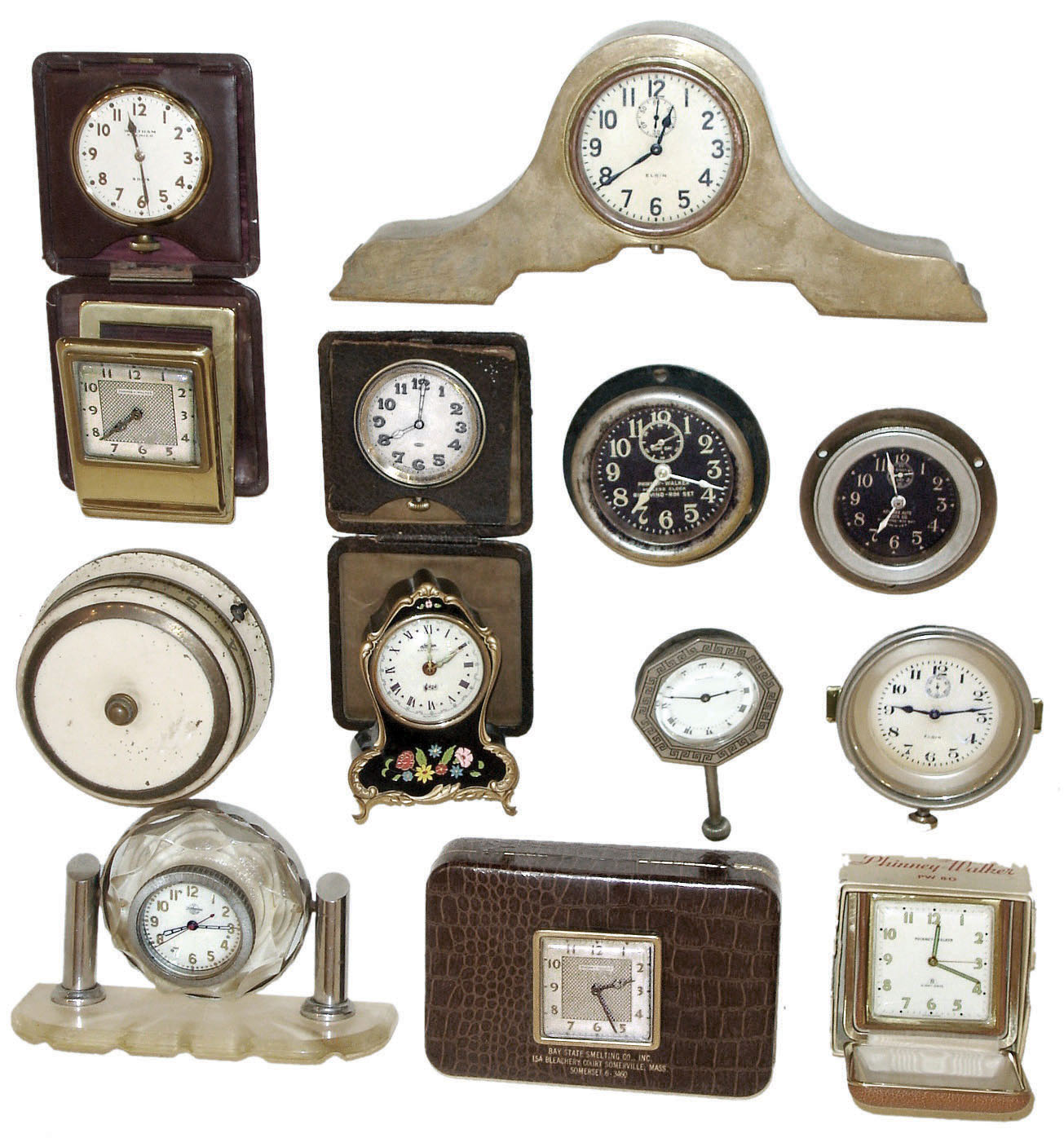 Clocks- 13 (Thirteen) travel, novelty, auto and desk small mechanical timepieces: makers include Elgin, Phinney Parker, Waltham, Linden, Keyless, Lux, etc., 20th century — Antique Clocks Price Guide