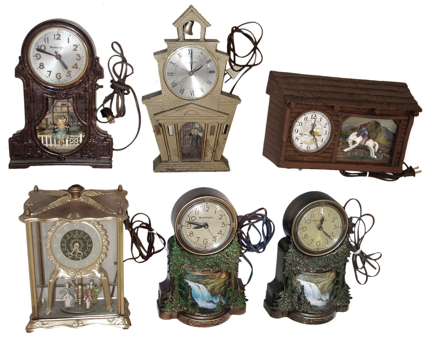 Clocks- 15 (Fifteen) plug-in electric animated novelty clocks by United, Mastercrafters, HaddonClocks, Telechron, Ingraham, Lincoln, GE, Howard Clock Corp., Kit Cat Clock Sessions, and Old Charter whiskey; 20th century — Antique Clocks Price Guide
