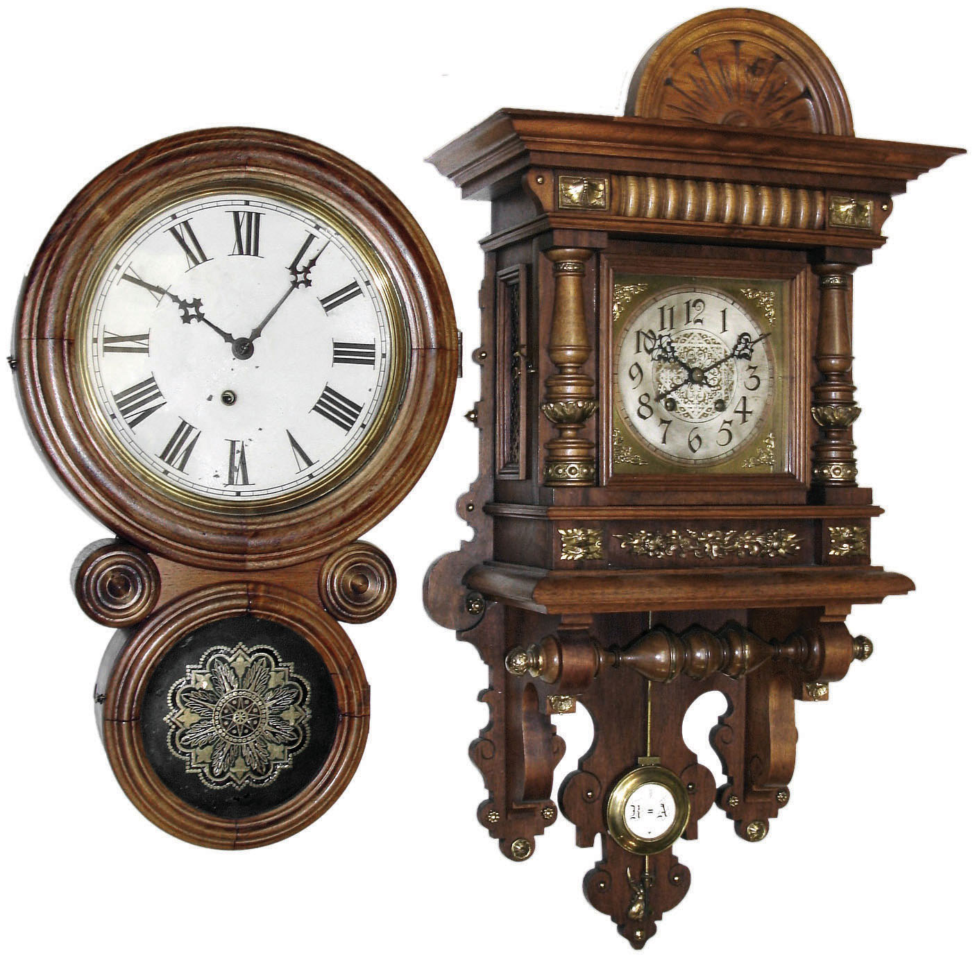 Clocks- 2 (Two) 8 day wall clocks: Lenzkirch walnut time and strike open well; Ingraham "Ionic" mahogany time-only; late 19th century — Antique Clocks Price Guide